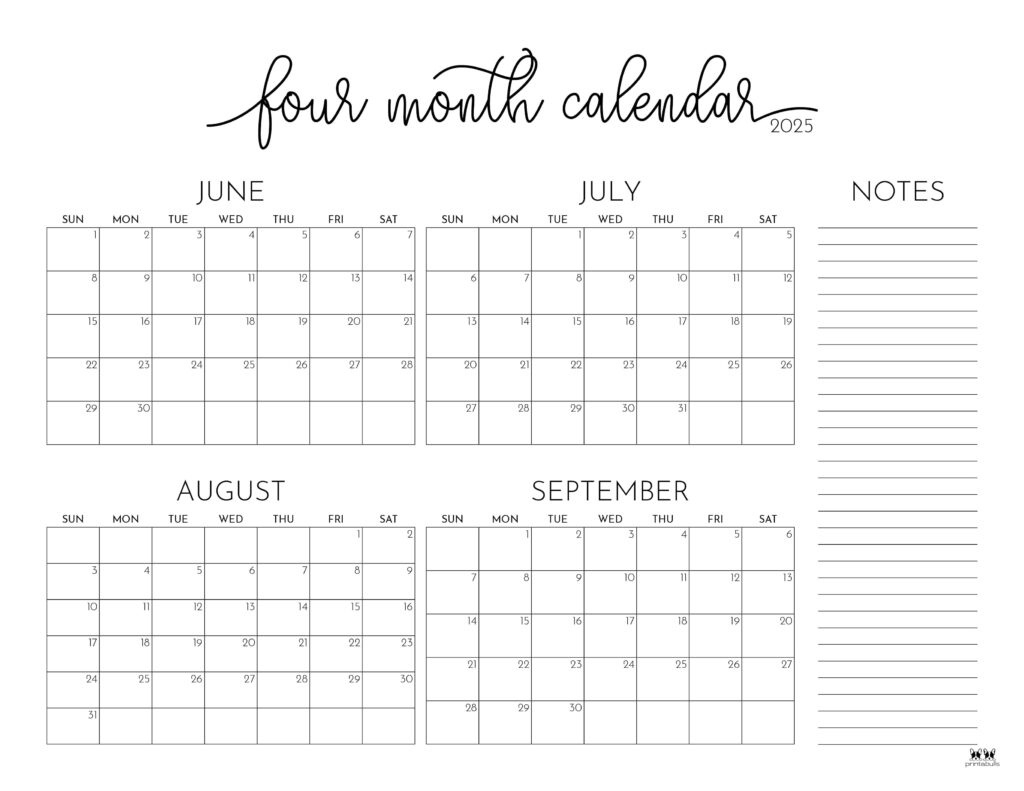 2025 Four Month Calendars - 31 Free Printables | Printabulls within June July August September 2025 Calendar