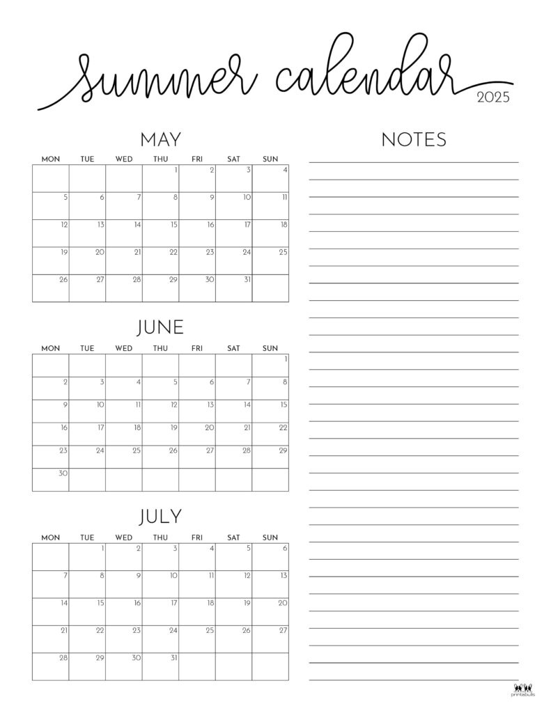 2025 Summer Calendars - 27 Free Printables | Printabulls for Printable June And July 2025 Calendar