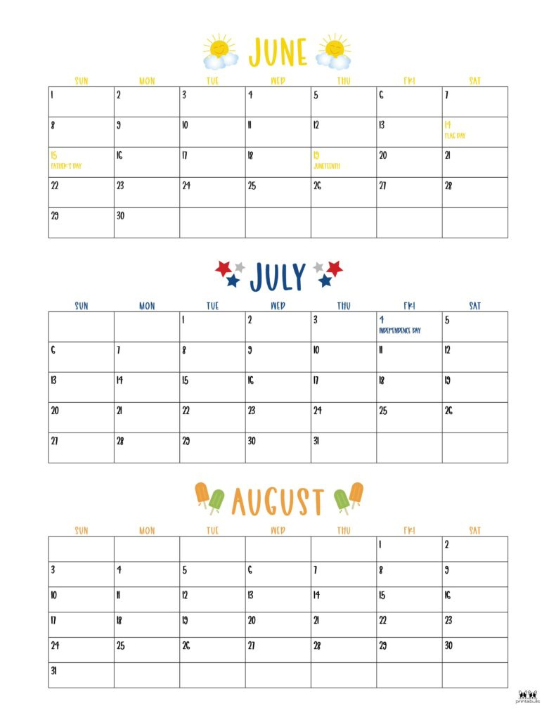 2025 Summer Calendars - 27 Free Printables | Printabulls inside Printable Calendar 2025 June July August