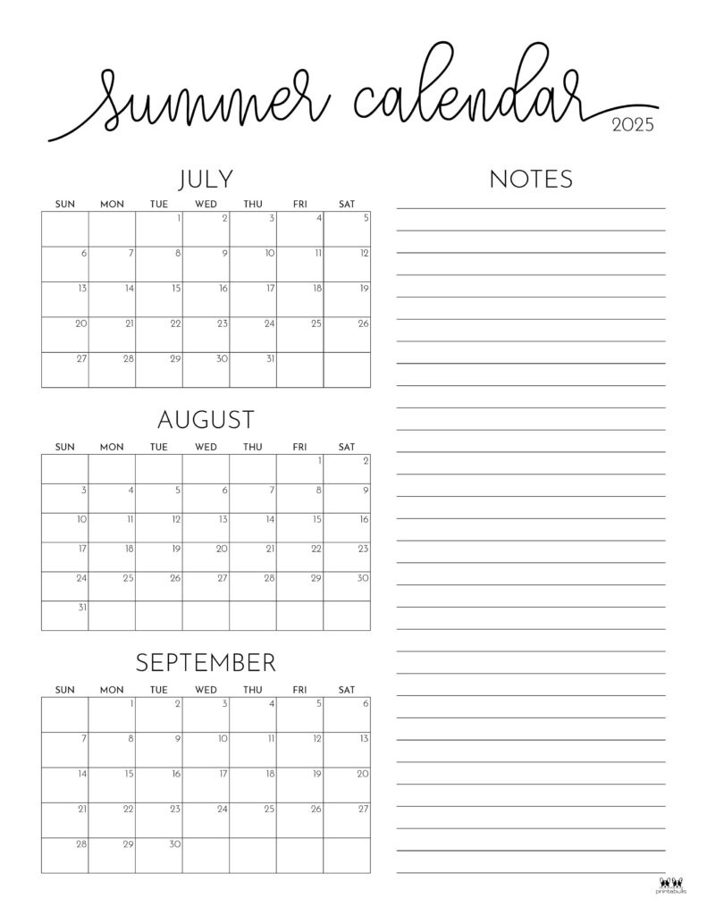 2025 Summer Calendars - 27 Free Printables | Printabulls throughout June July And August 2025 Printable Calendar