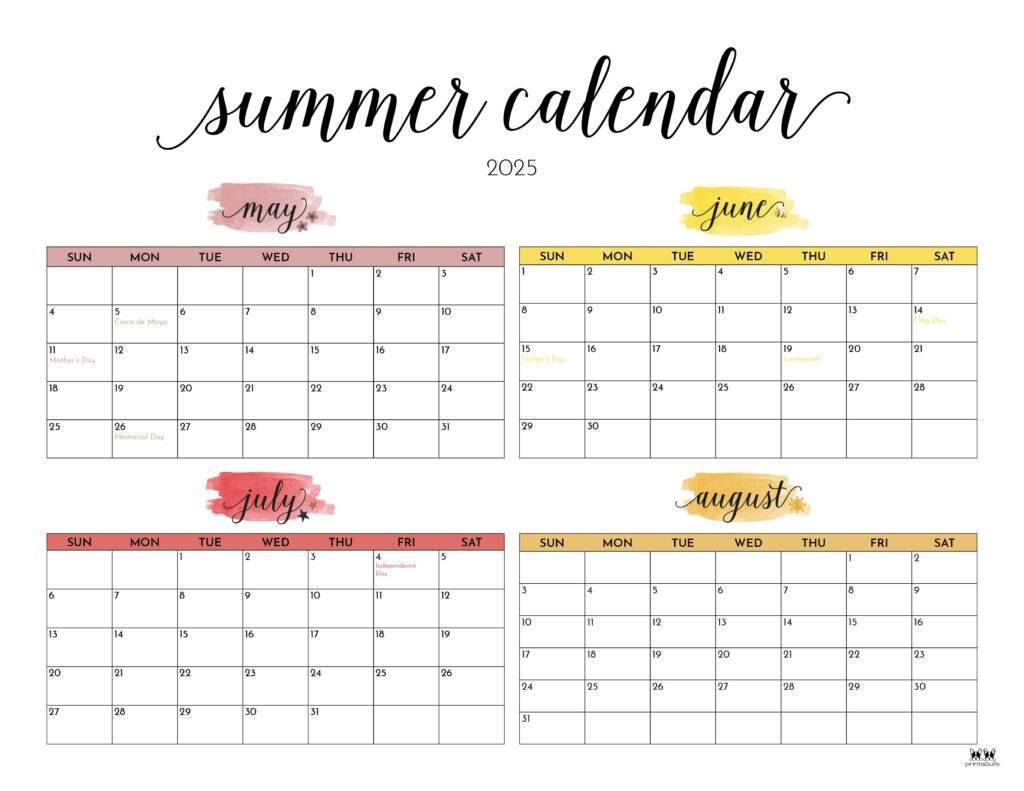 2025 Summer Calendars - 27 Free Printables | Printabulls with Calendar June - August 2025