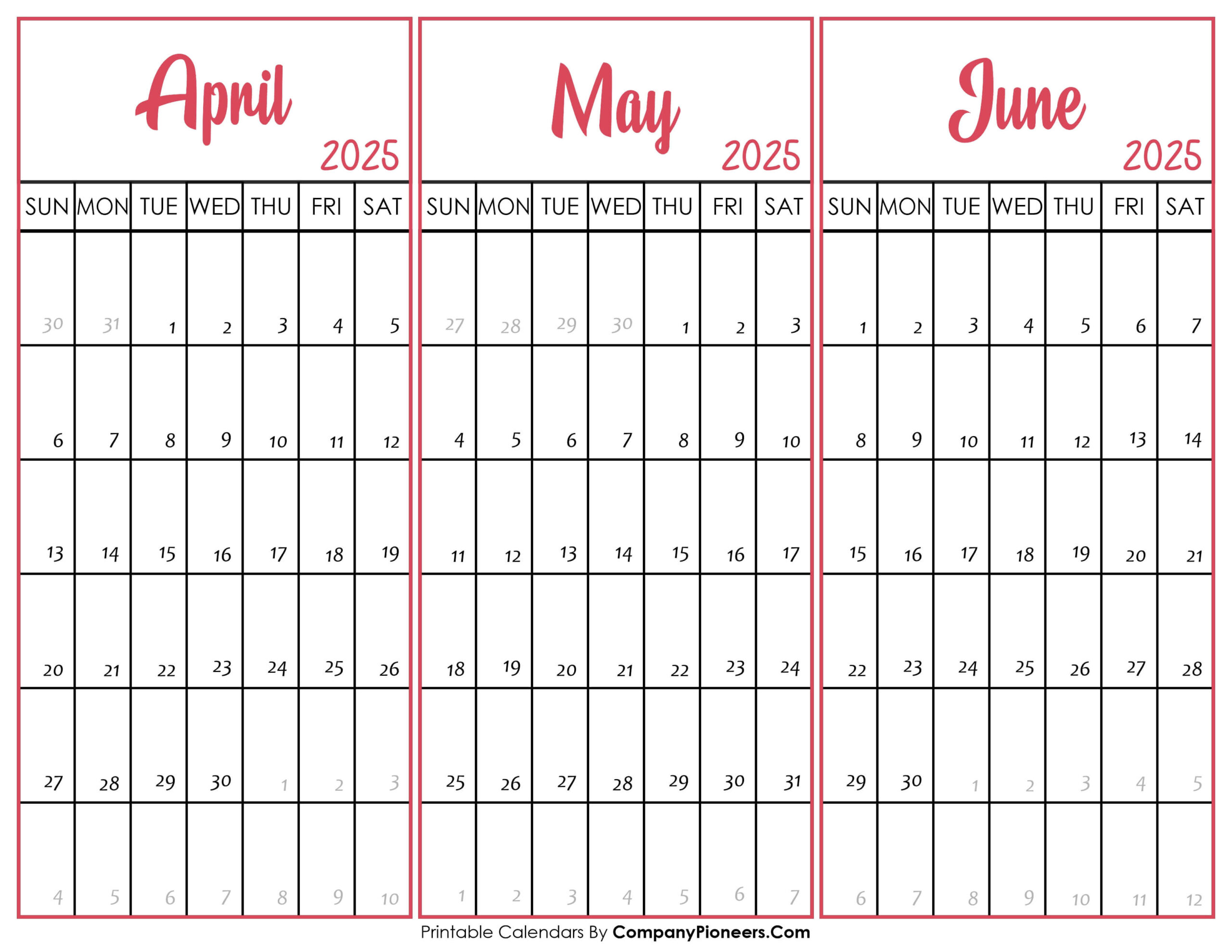 April May June 2025 Calendar Printable - Template with regard to April May June 2025 Printable Calendar