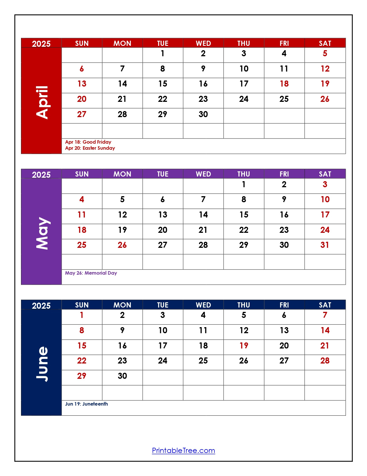 April To June 2025 Calendar Printable Pdf | Three Months Calendar in Calendar April May June 2025