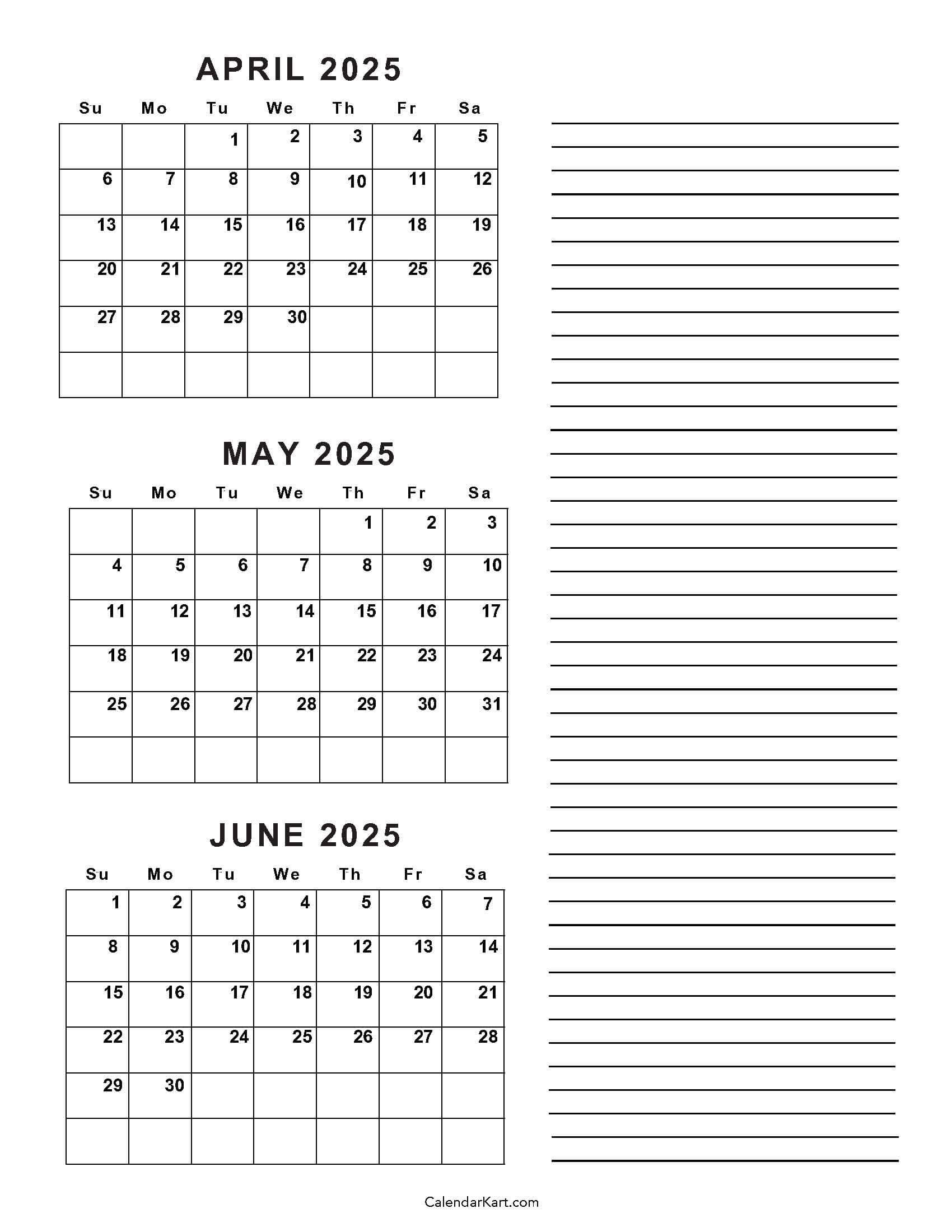 April To June 2025 Calendars (Q2): Free Printables in April May June 2025 Printable Calendar