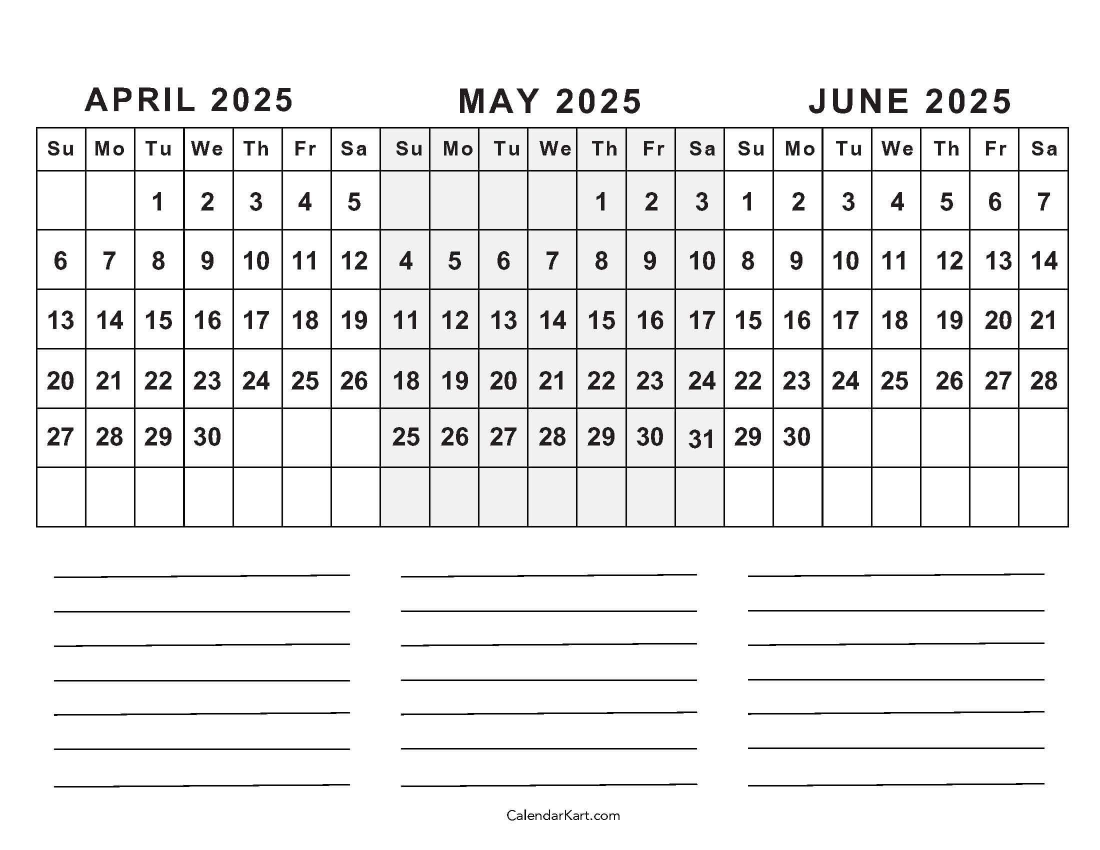 April To June 2025 Calendars (Q2): Free Printables throughout March April May June Calendar 2025