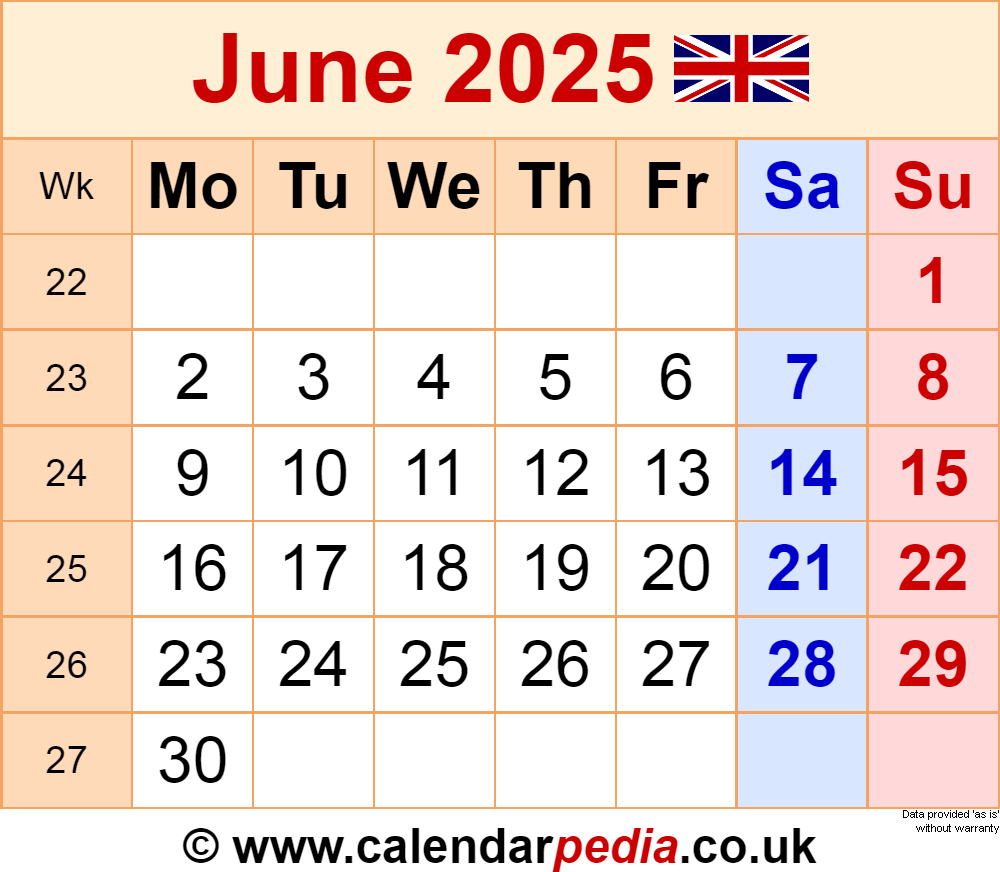 Calendar June 2025 Uk With Pdf, Excel And Word Templates with Show Calendar For June 2025
