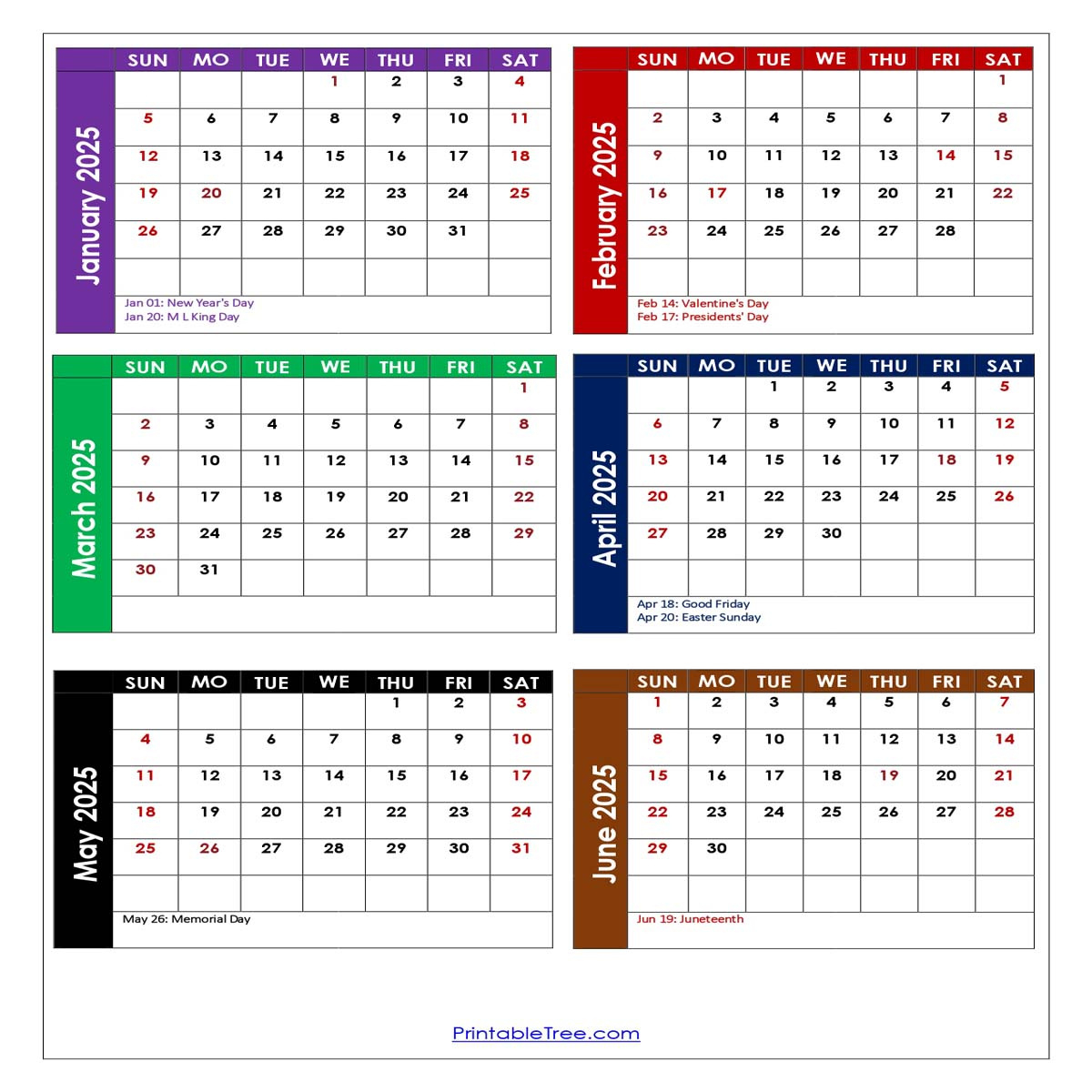 Download Free Monthly 2025 Calendar Printable Pdf With Holidays inside January - June 2025 Calendar