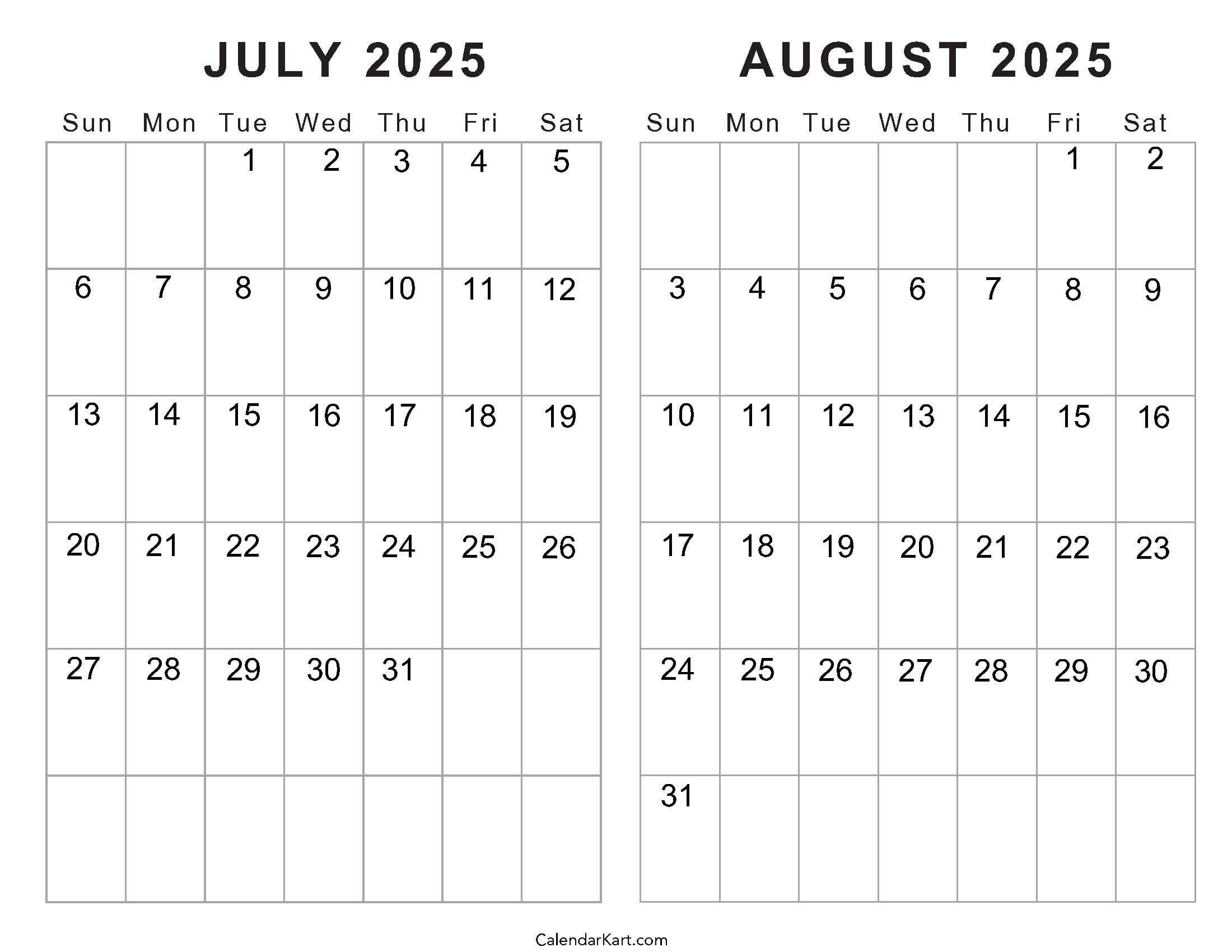Free Printable July August 2025 Calendar | Calendarkart within June July August 2025 Calendar Editable