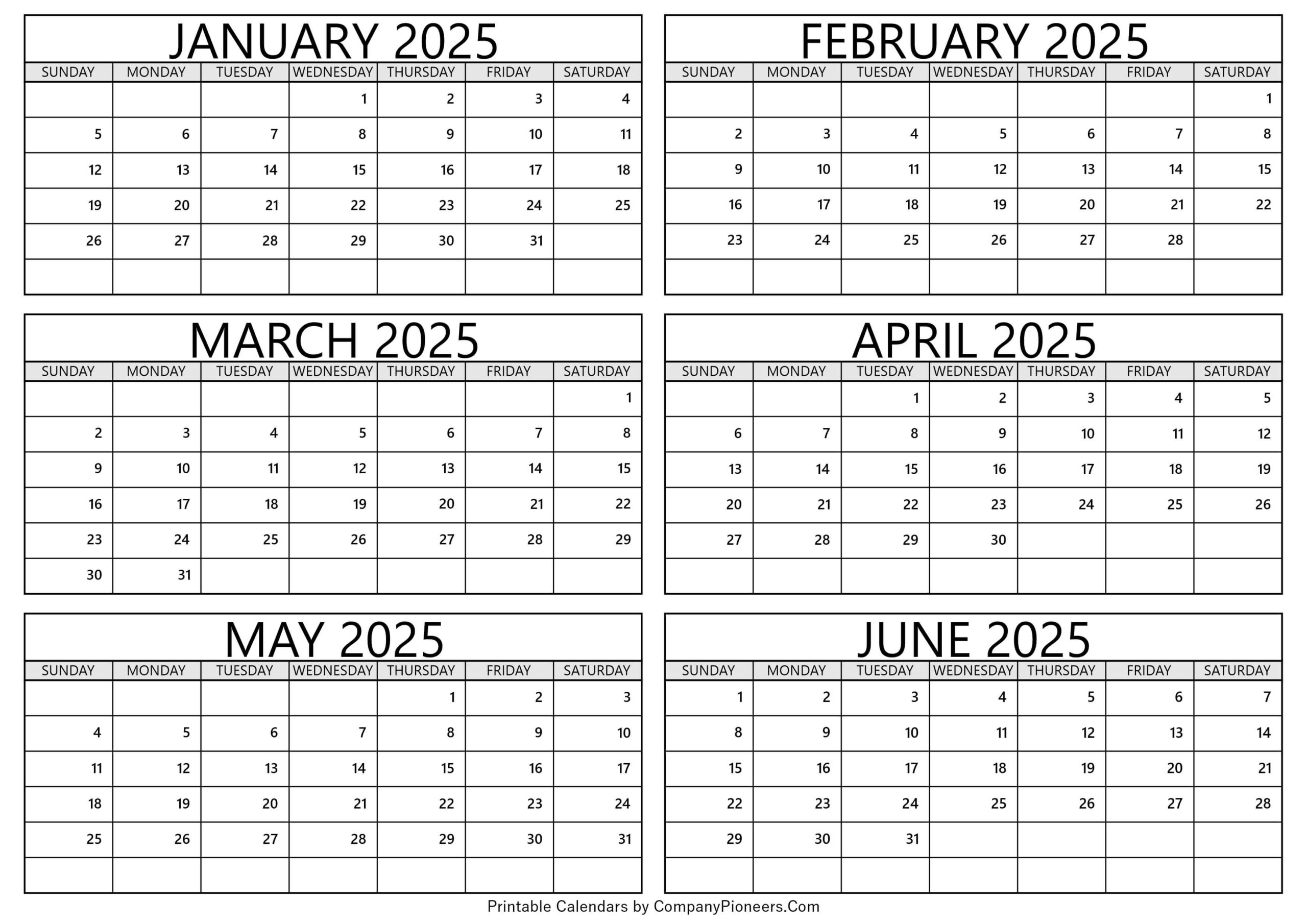 January To June 2025 Calendar Printable - Template for January - June 2025 Calendar