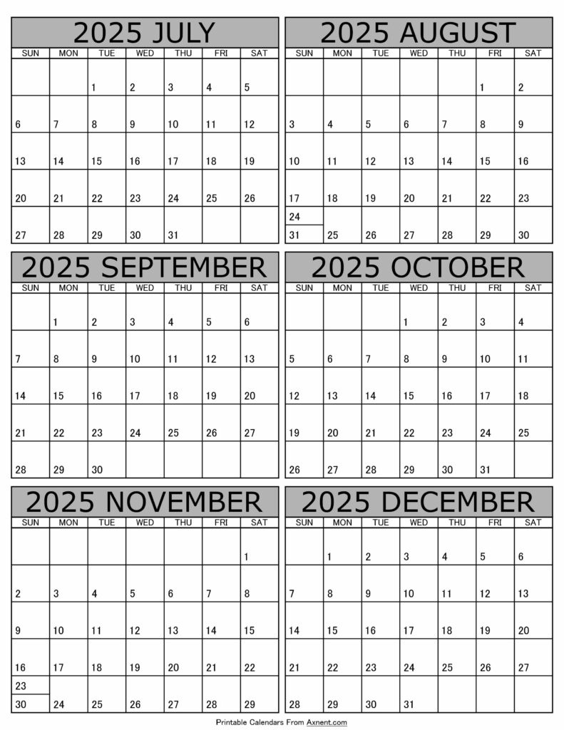 July To December 2025 Calendar Templates - Six Months in June 2025 To December 2025 Calendar