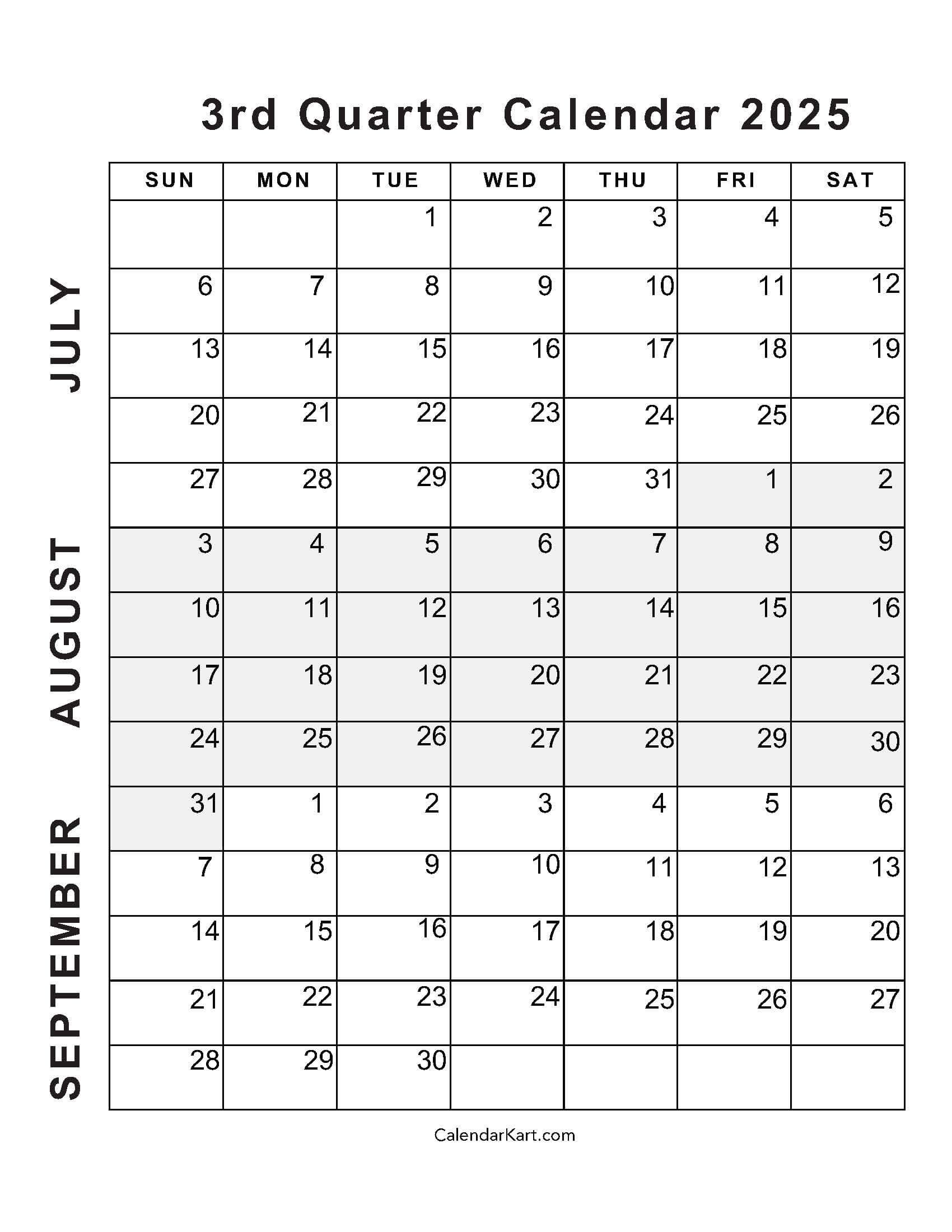 July To September 2025 Calendar (Q3) - Calendarkart inside June July August September 2025 Calendar