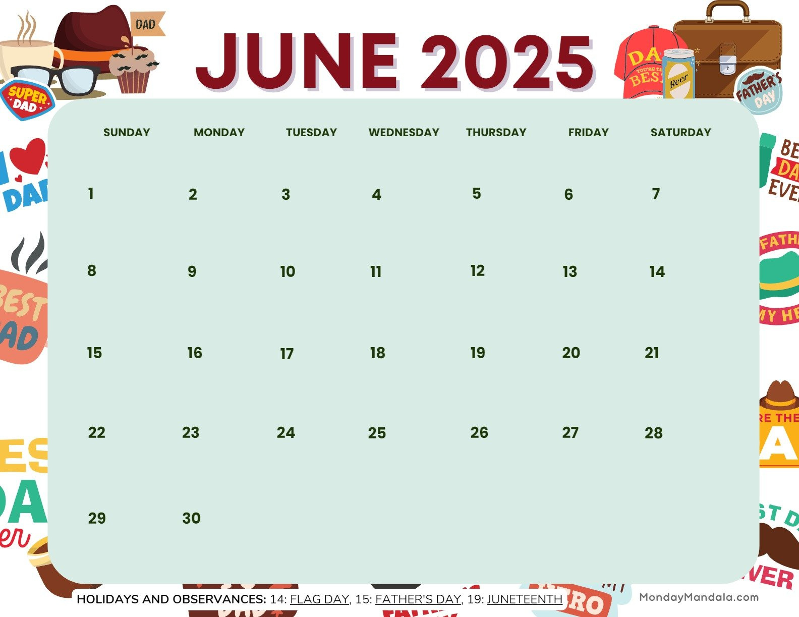 June 2025 Calendar (52 Free Pdf Printables) pertaining to June 2025 Calendar Father Day