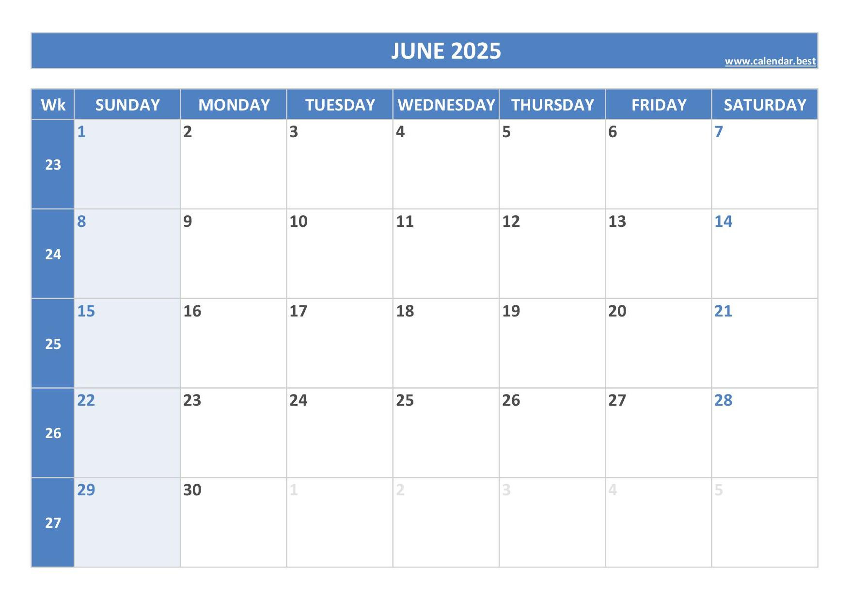 June 2025 Calendar -Calendar.best throughout Weekly Calendar June 2025
