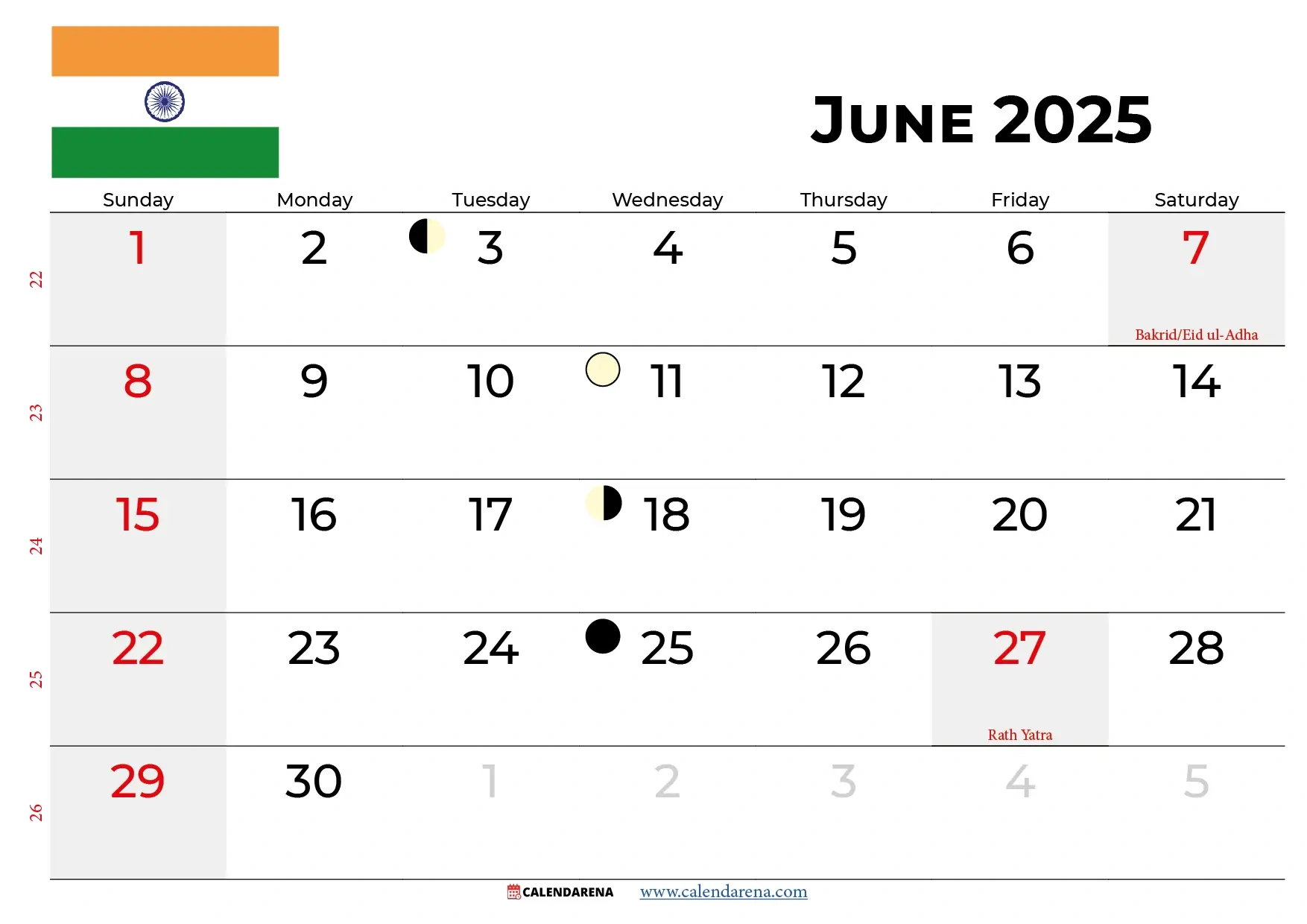 June 2025 Calendar India in June Holiday Calendar 2025