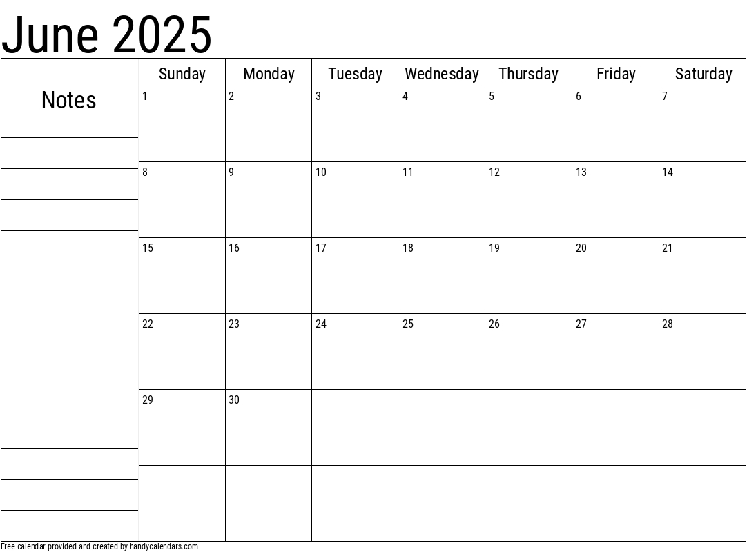 June 2025 Calendar With Notes - Handy Calendars with regard to June 2025 Printable Calendar With Notes