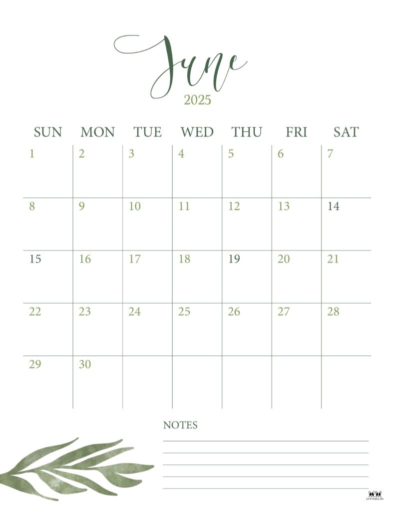 June 2025 Calendars - 107 Free Printables | Printabulls regarding June 2025 Printable Calendar With Notes