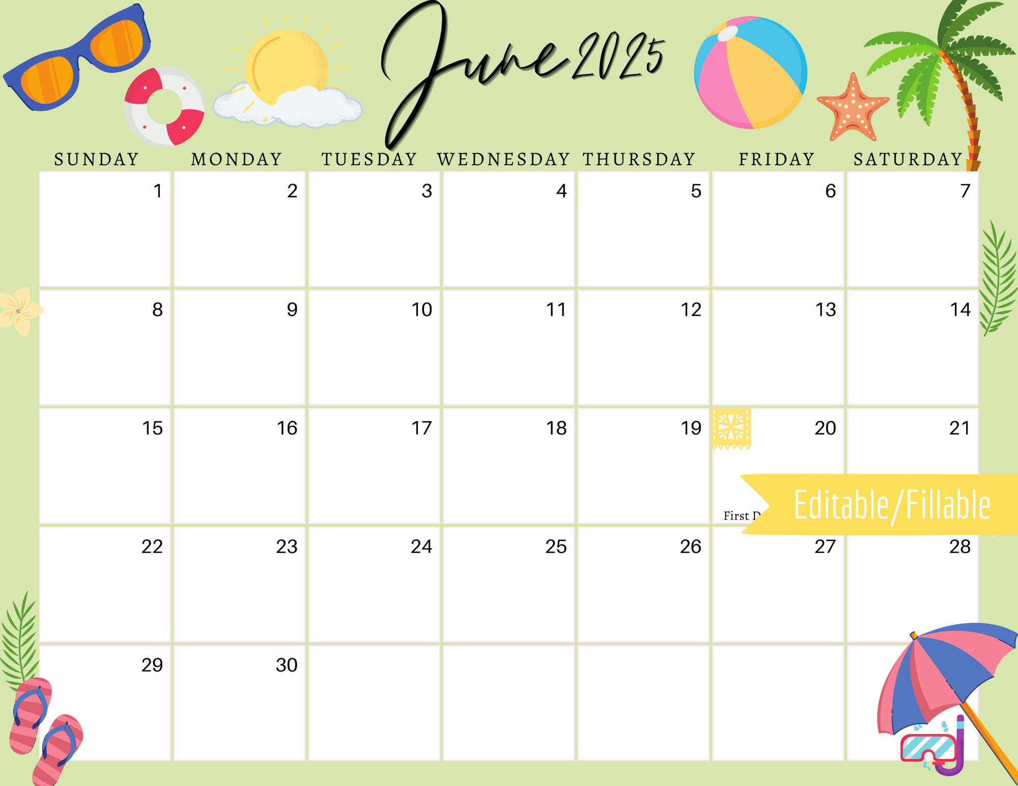 June 2025 Digital Calendar - Light Green Summer Planner Editable inside Show Me A June 2025 Calendar