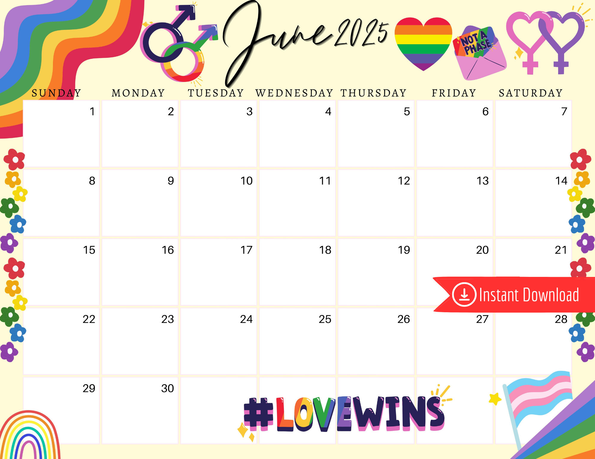 June 2025 Digital Calendar - Queer Pride Planner Editable Fillable for June Lgbt Pride Month Calendar 2025