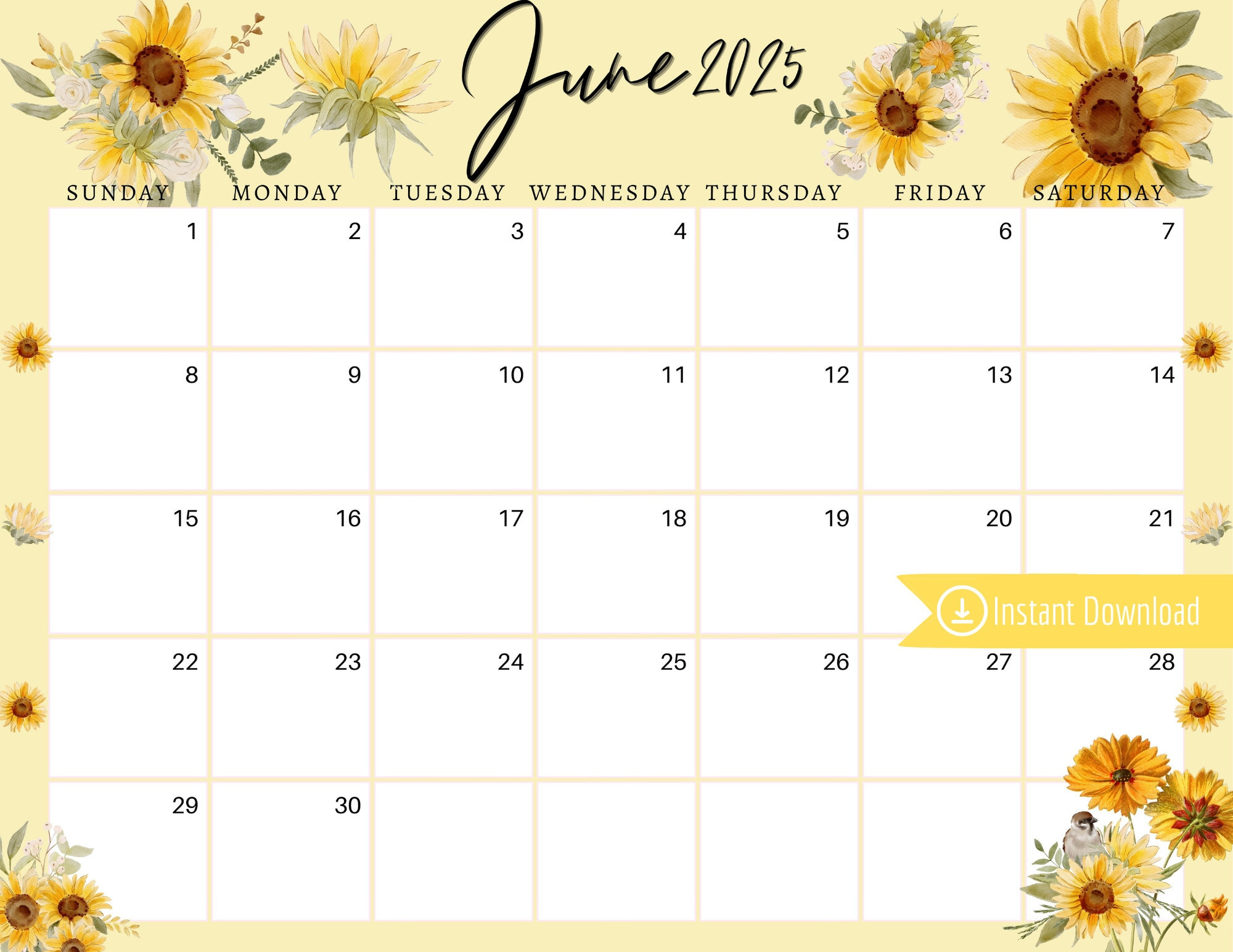 June 2025 Digital Calendar - Yellow Sunflowers Planner Editable inside Sunflower June 2025 Calendar