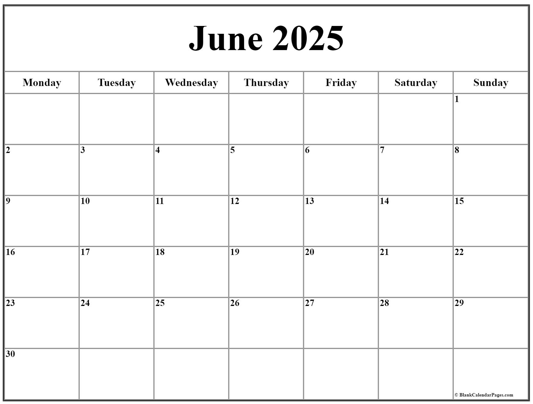 June 2025 Monday Calendar | Monday To Sunday with June 2025 Calendar With Holidays Printable