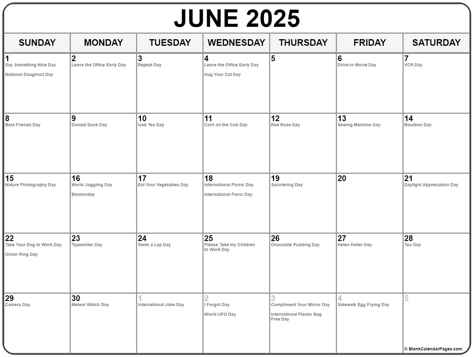 June 2025 With Holidays Calendar throughout June National Days Calendar 2025