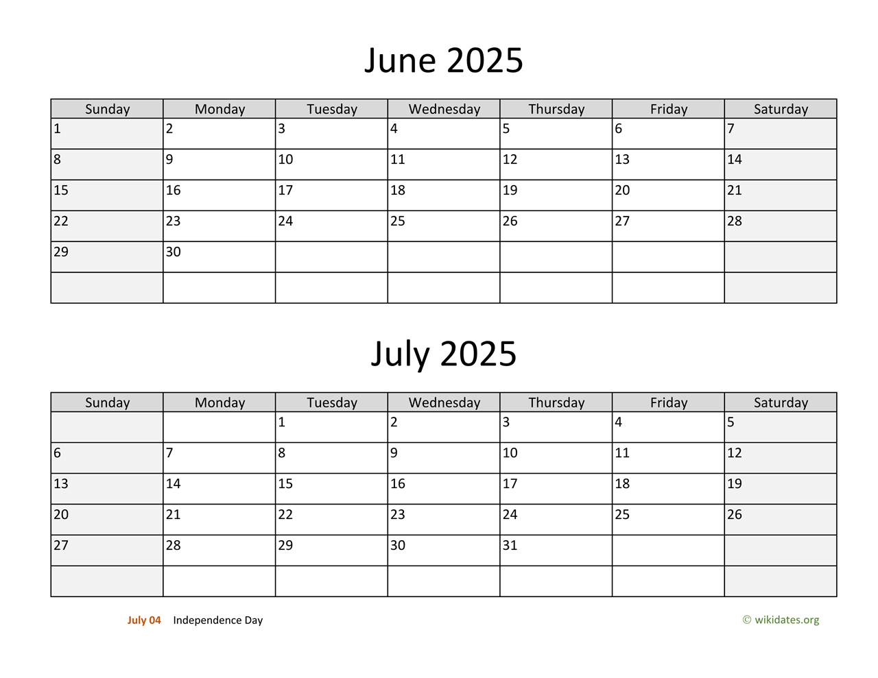 June And July 2025 Calendar | Wikidates intended for June And July 2025 Editable Calendar