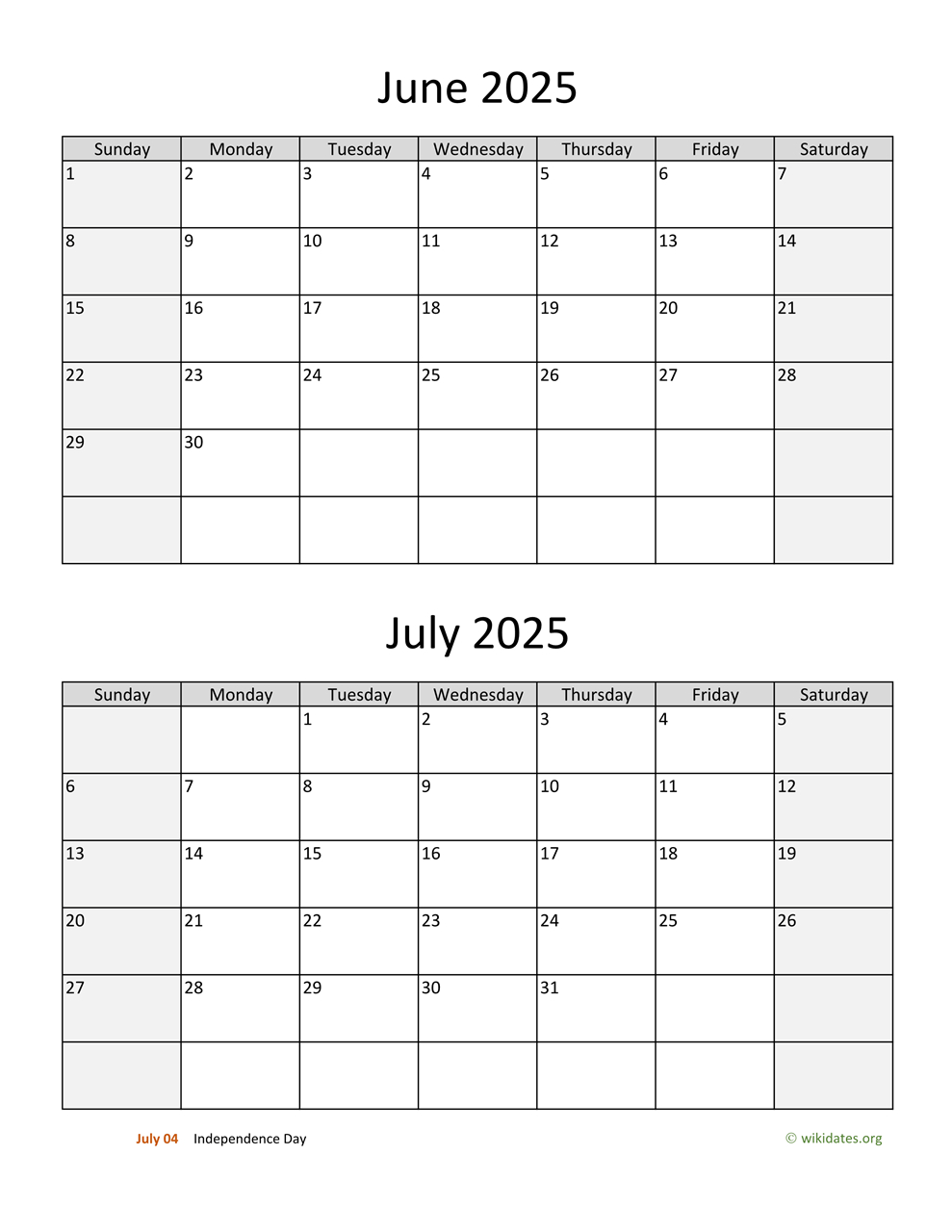 June And July 2025 Calendar | Wikidates pertaining to Printable June And July 2025 Calendar