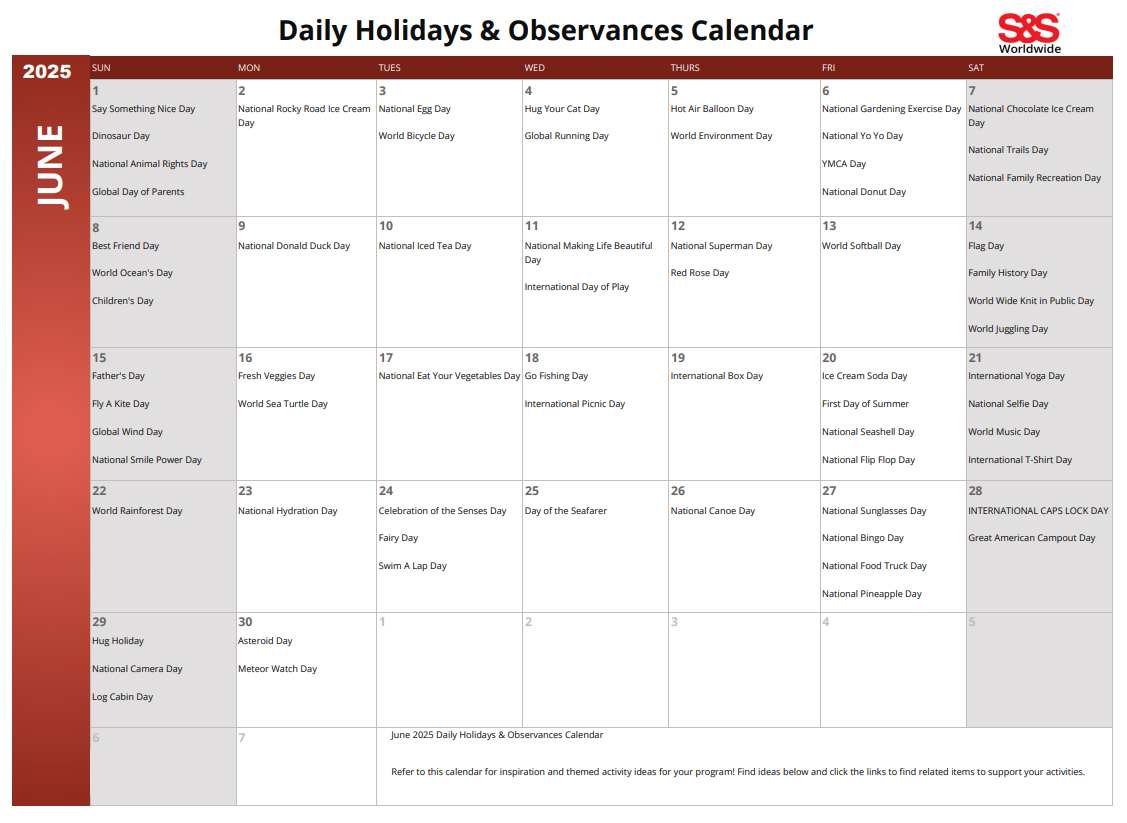 June Daily Holidays &amp;amp; Observances Printable Calendar - S&amp;amp;S Blog in Show Me A Calendar For The Month Of June