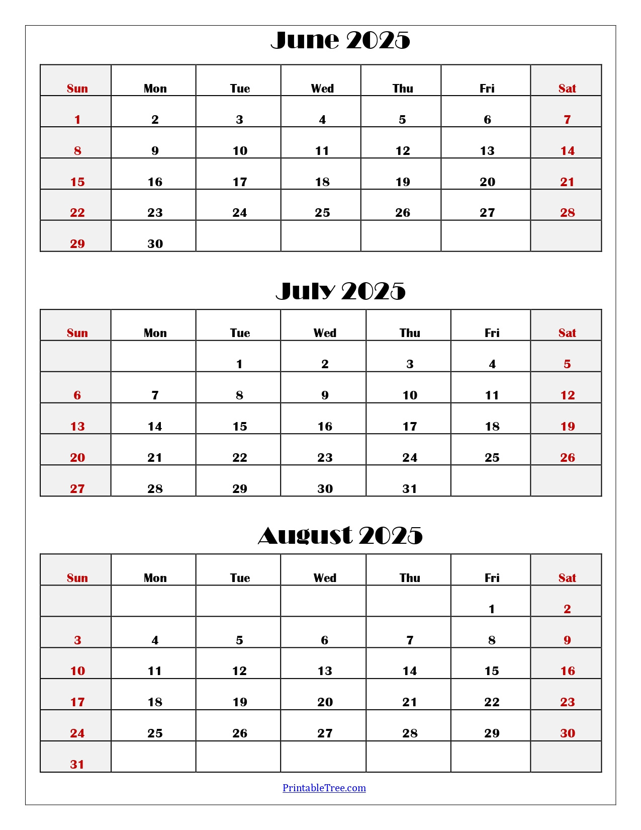 June To August 2025 Calendar Printable Pdf | Three Months Calendar for Calendar June - August 2025