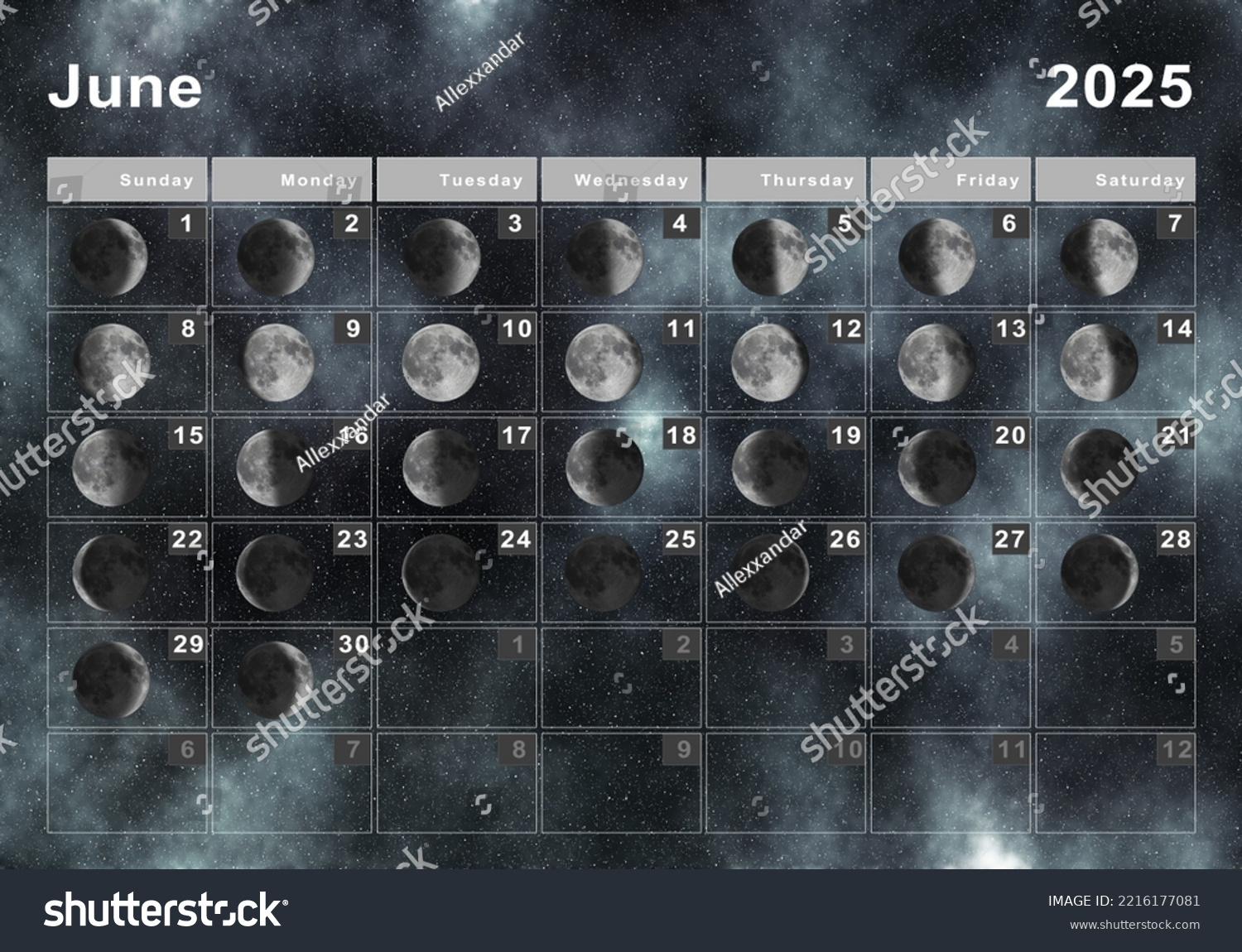 Juni 2025 Mondkalender, Mondzyklen, Mondphasen: Stockillustration for June Full Moon Calendar 2025