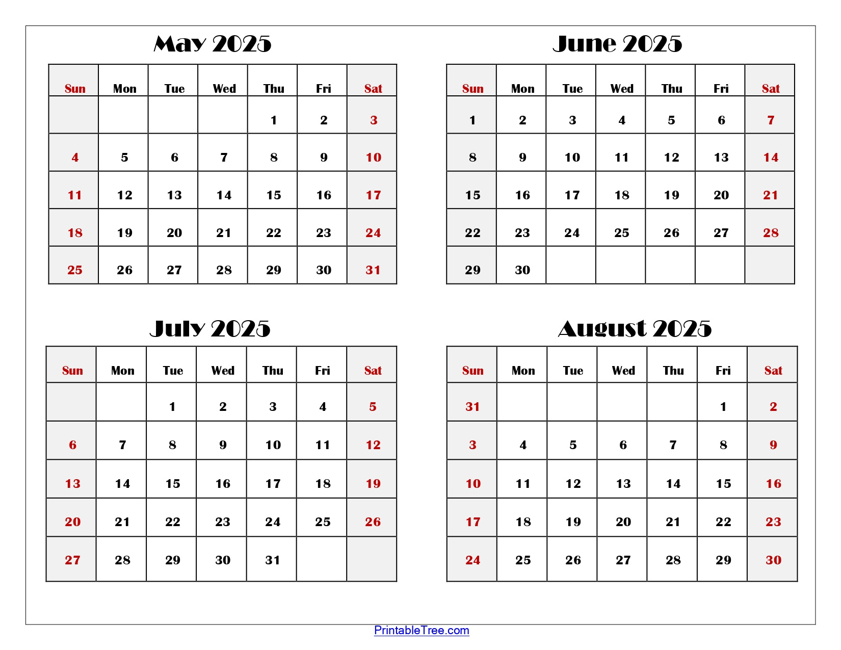May To August 2025 Calendar Printable Pdf | Four Months Calendar for May June July August 2025 Calendar