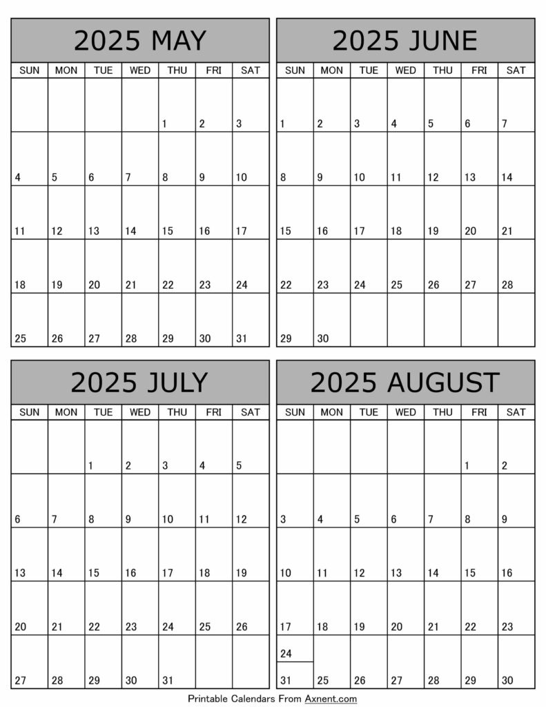May To August 2025 Calendar Templates - Four Months throughout May June July August 2025 Calendar