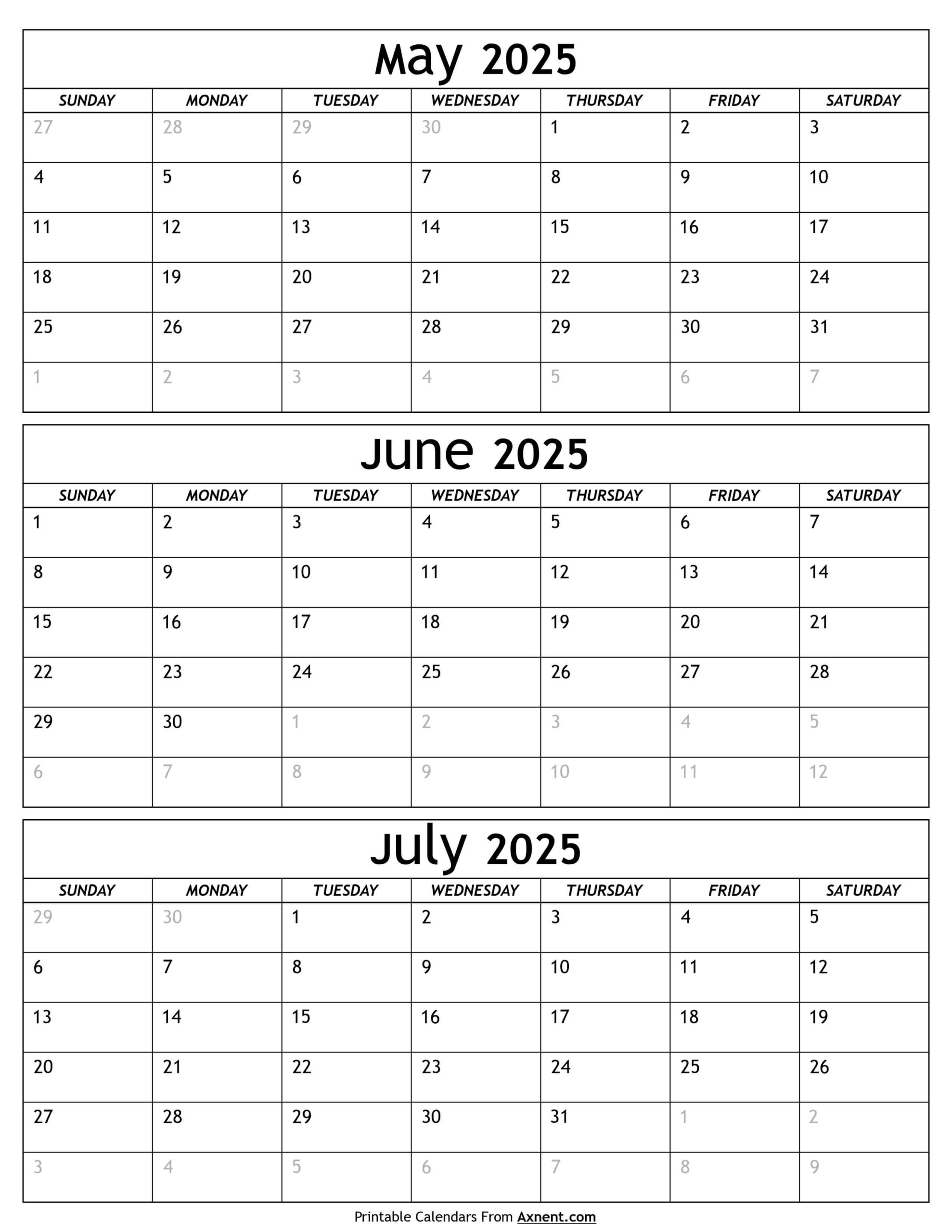 May To July Calendar 2025 Templates - Three Months inside May June July 2025 Printable Calendar