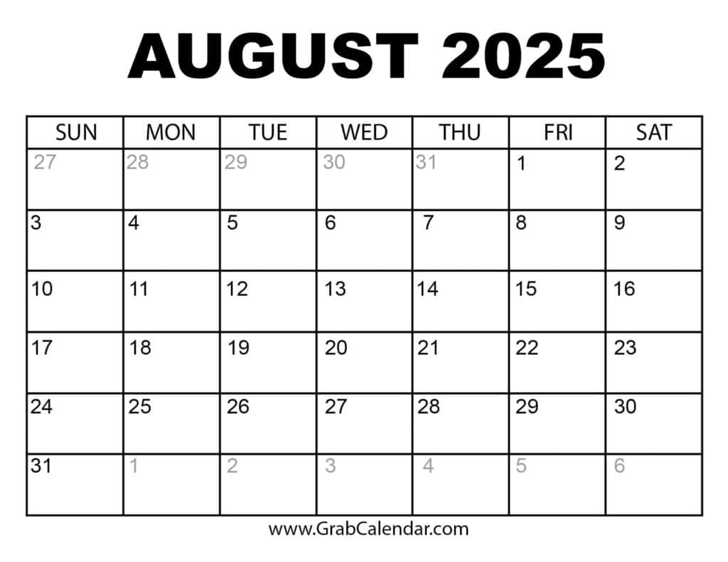 Printable August 2025 Calendar intended for Printable Calendar August 2024 - June 2025