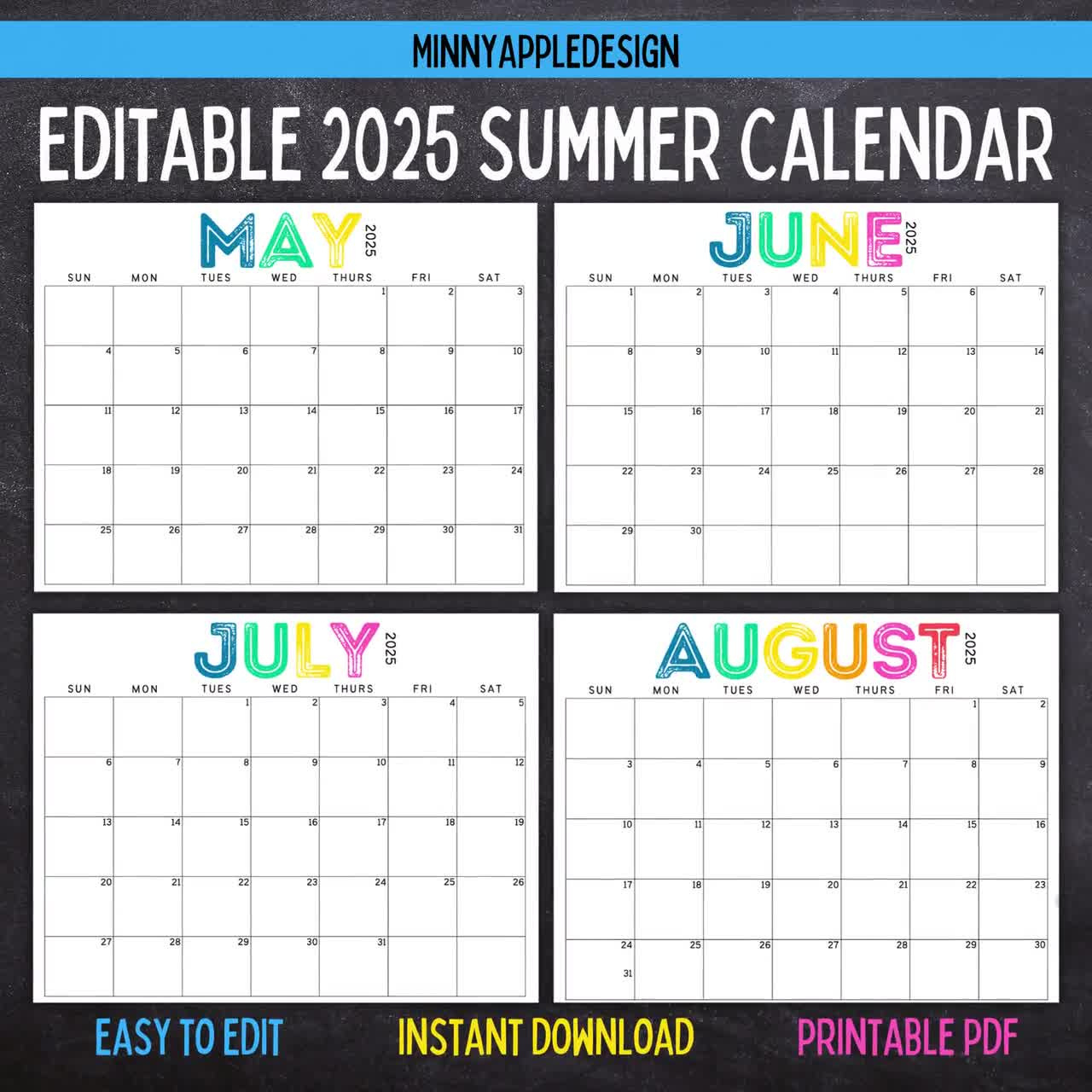 Printable Editable Summer Calendar June, July, August Calendar | May 2025 | June 2025 | July 2025 | August 2025 | Summer Planner with June July August 2025 Calendar Editable