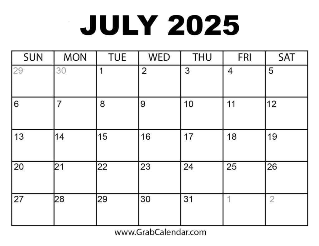 Printable July 2025 Calendar in Printable Calendar July 2024 - June 2025
