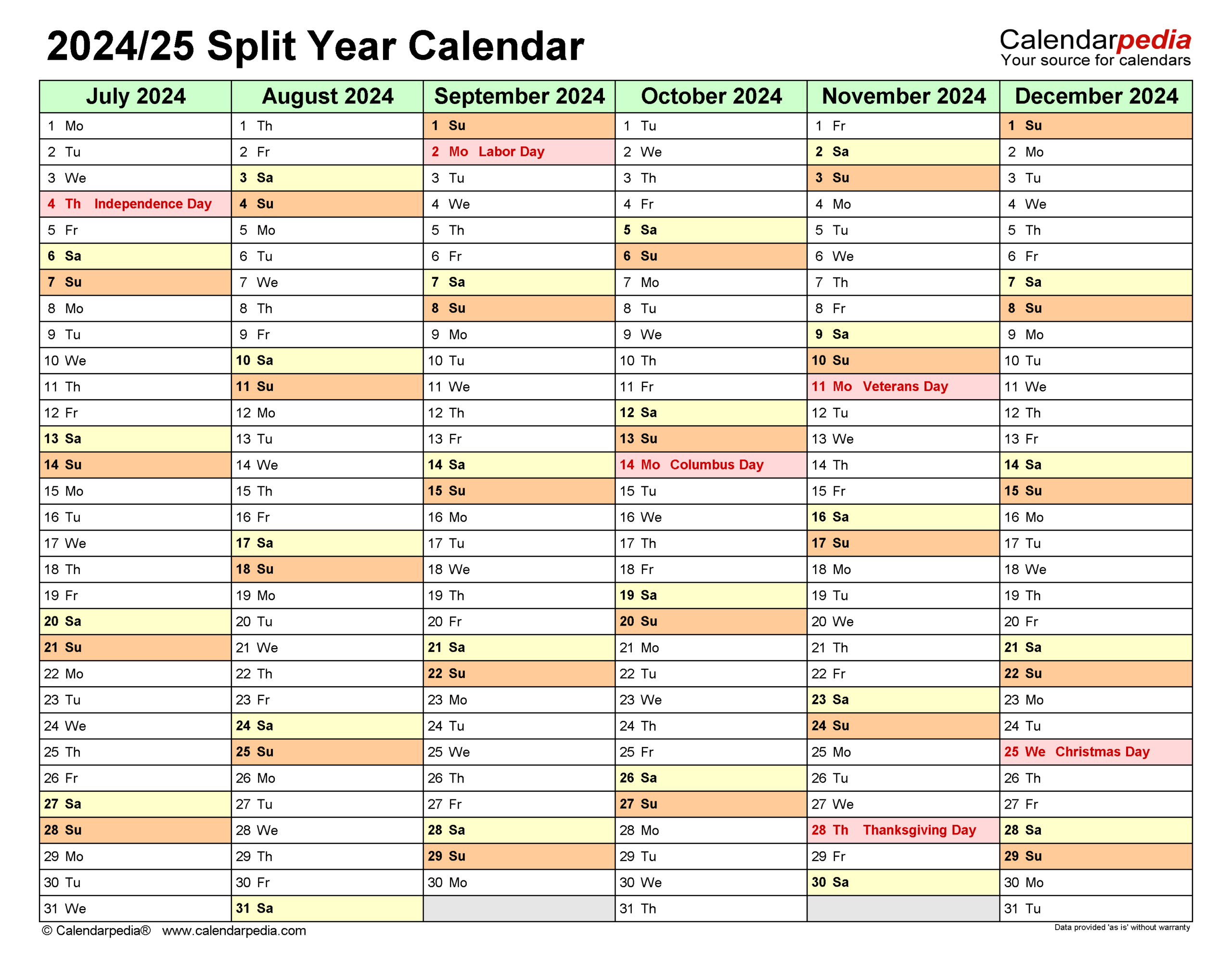 Split Year Calendars 2024/2025 (July To June) - Pdf Templates for August 2024 To June 2025 Calendar
