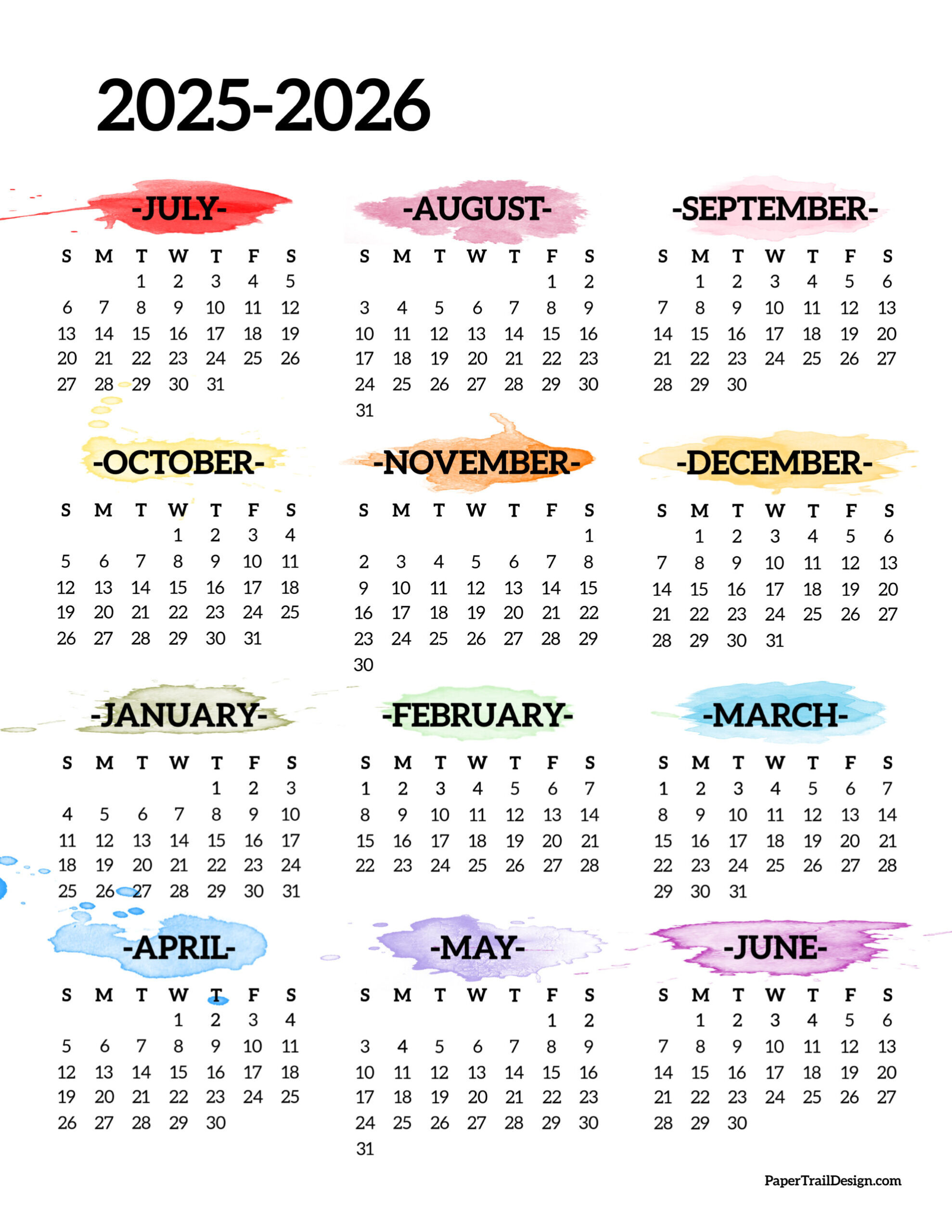2025-2026 School Year Calendar Free Printable - Paper Trail Design in August 2025 - June 2026 Calendar Printable