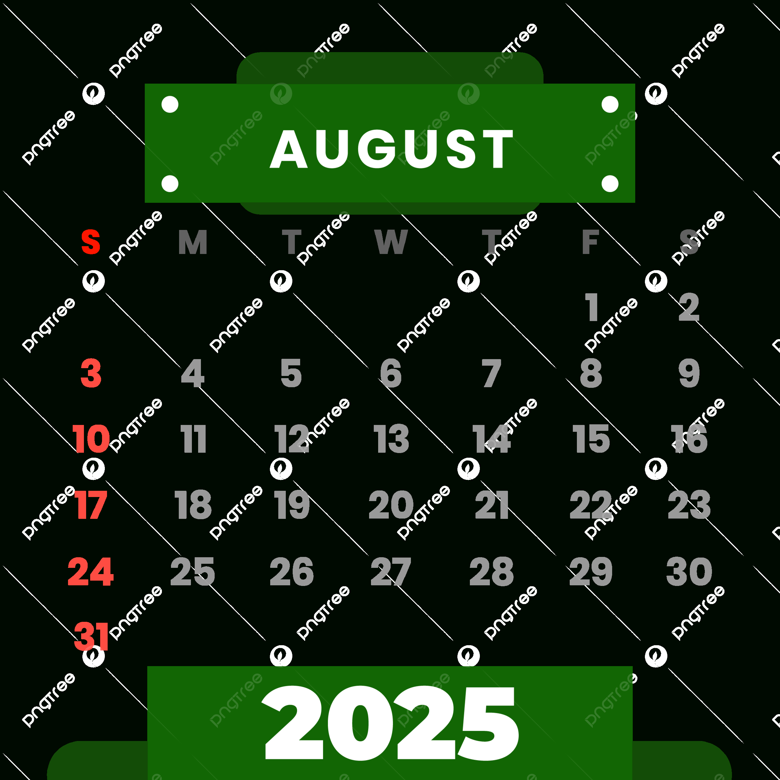 2025 August Vector Clipart Monthly Green Calendar, 2025 Calendar for August 2025 Calendar Clip Art