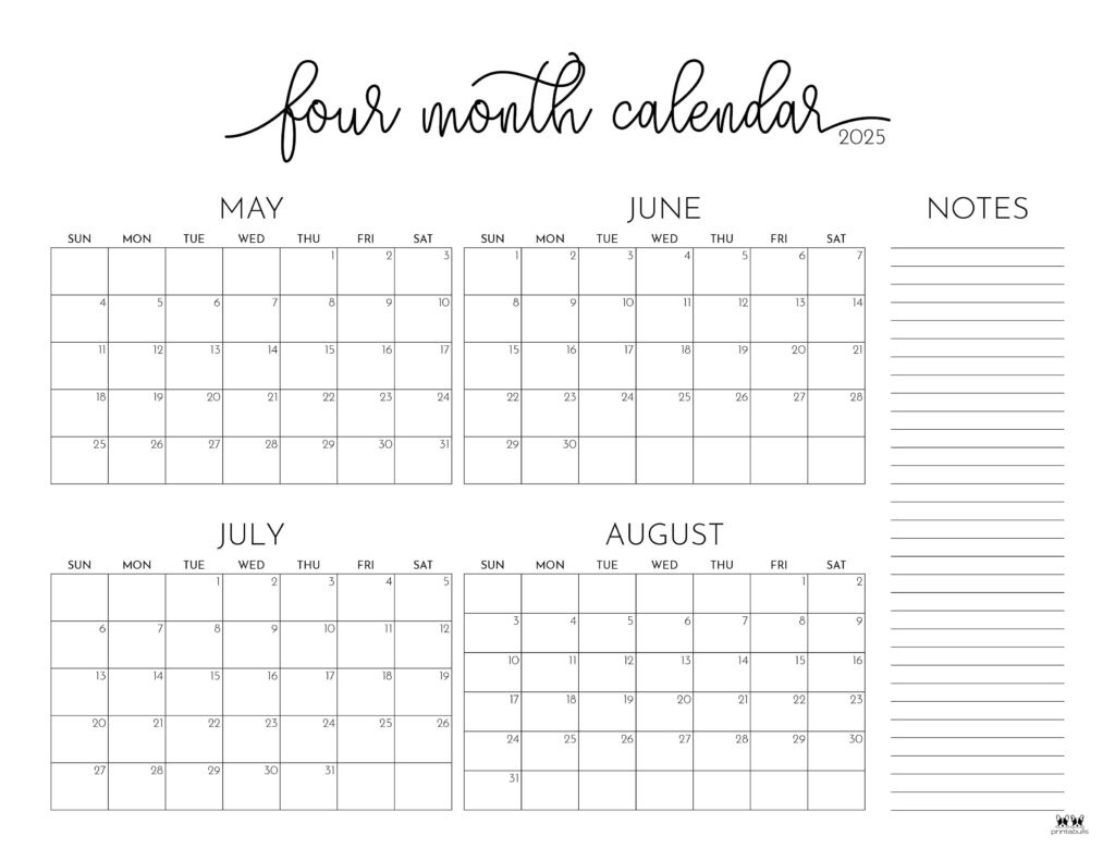 2025 Four Month Calendars - 31 Free Printables | Printabulls within May August 2025 Calendar
