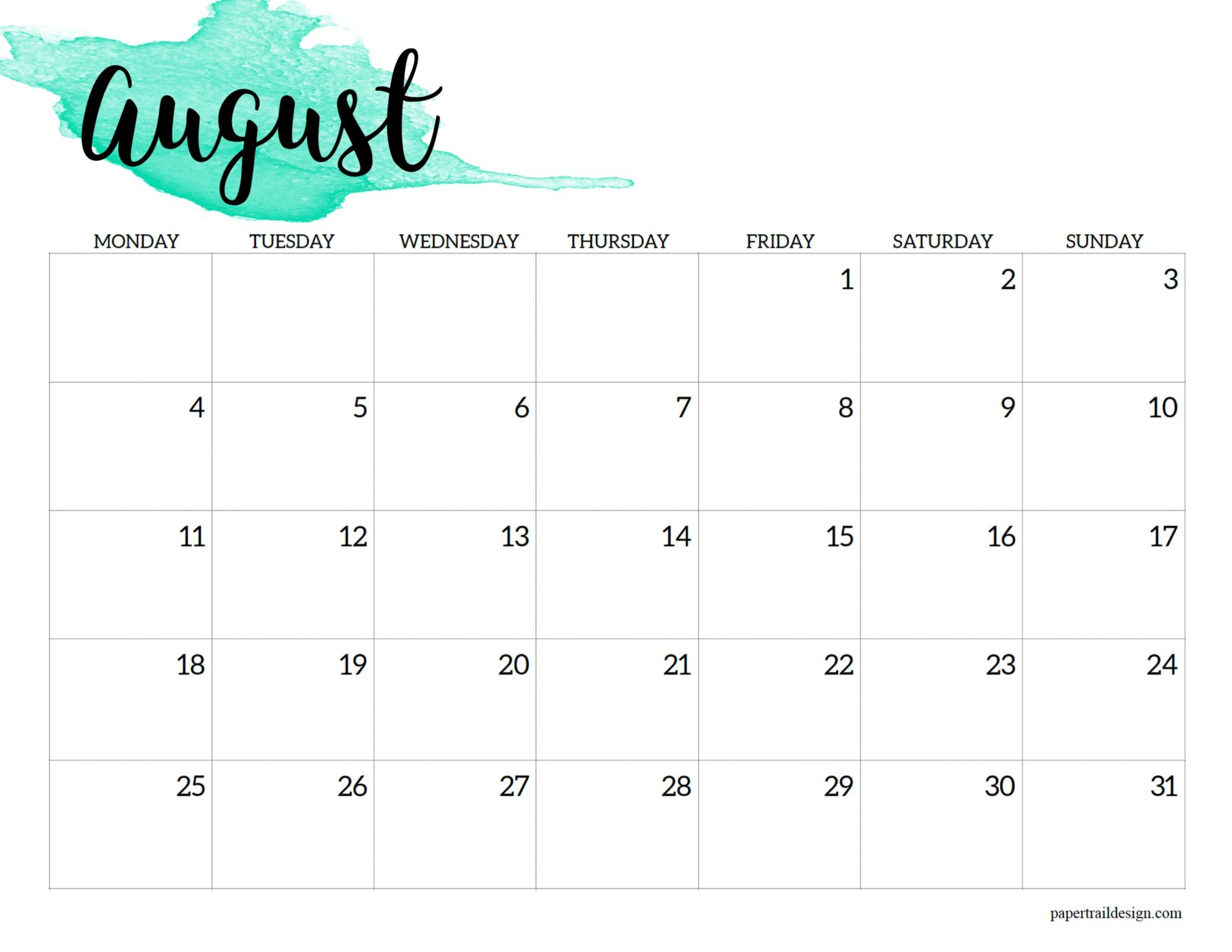 2025 Monday Start Calendar Printable - Watercolor - Paper Trail Design with August 2025 Calendar Monday Start
