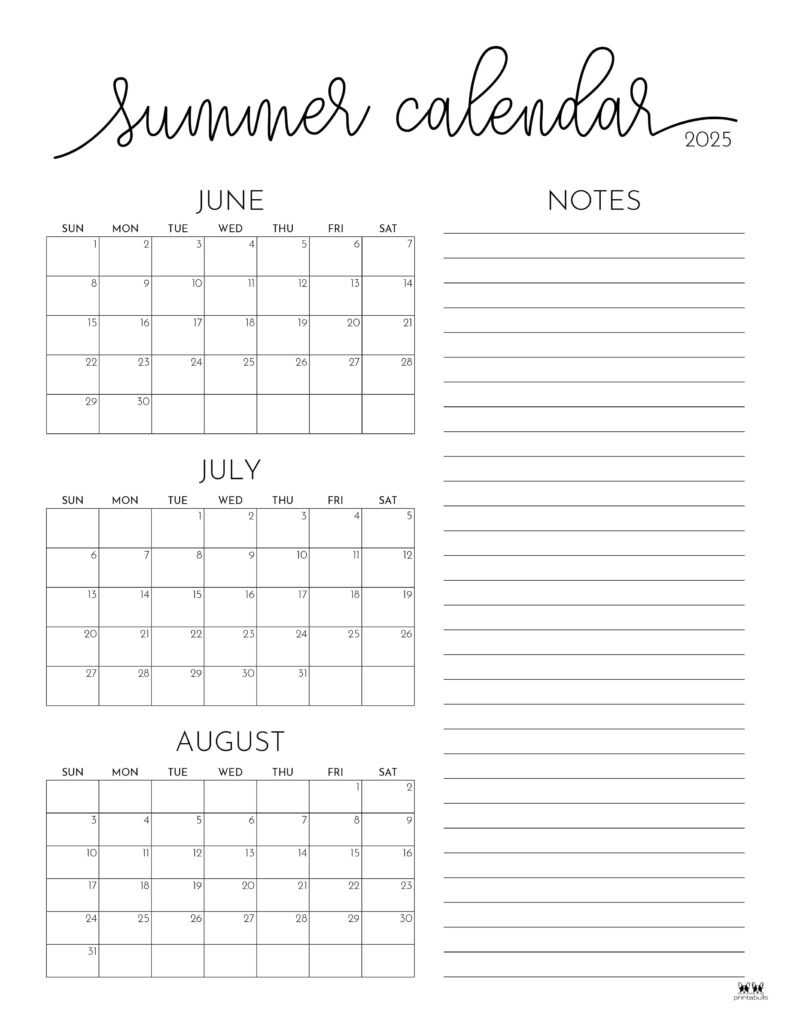 2025 Summer Calendars - 27 Free Printables | Printabulls with June August 2025 Calendar