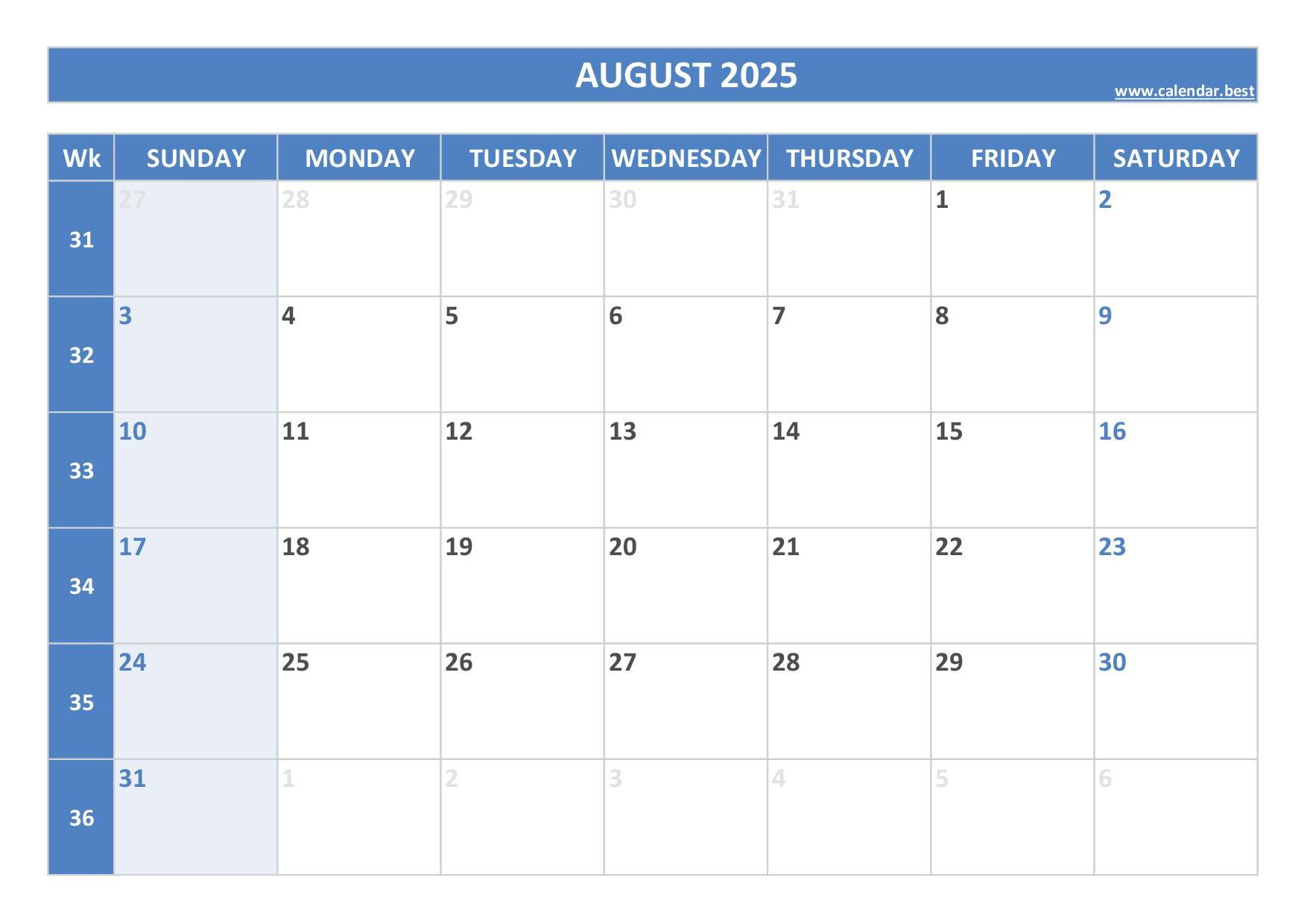 August 2025 Calendar -Calendar.best for August 13 2025 Calendar
