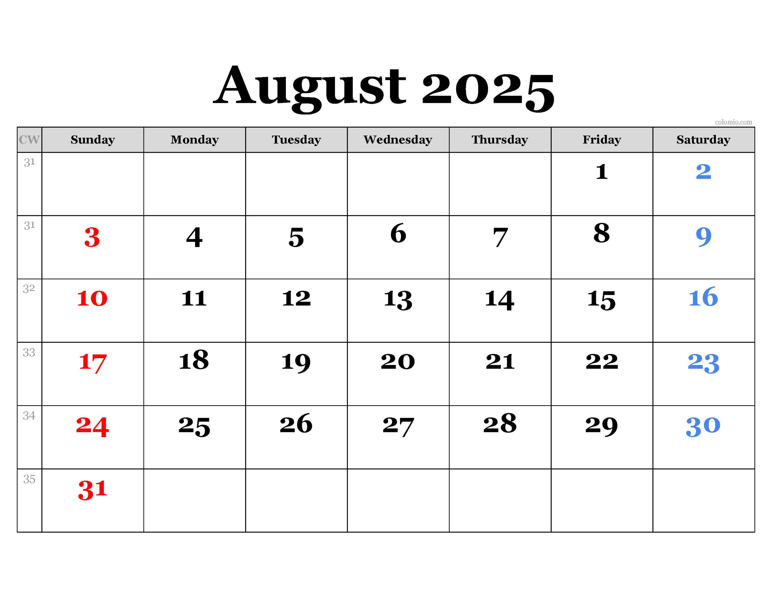 August 2025 Calendar | Free Printable Pdf, Xls And Png in August 2025 Weekly Calendar