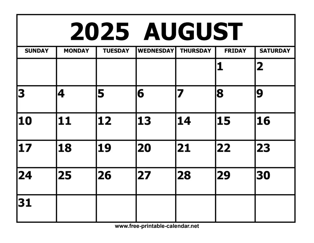 August 2025 Calendar in Calendar For Month Of August 2025