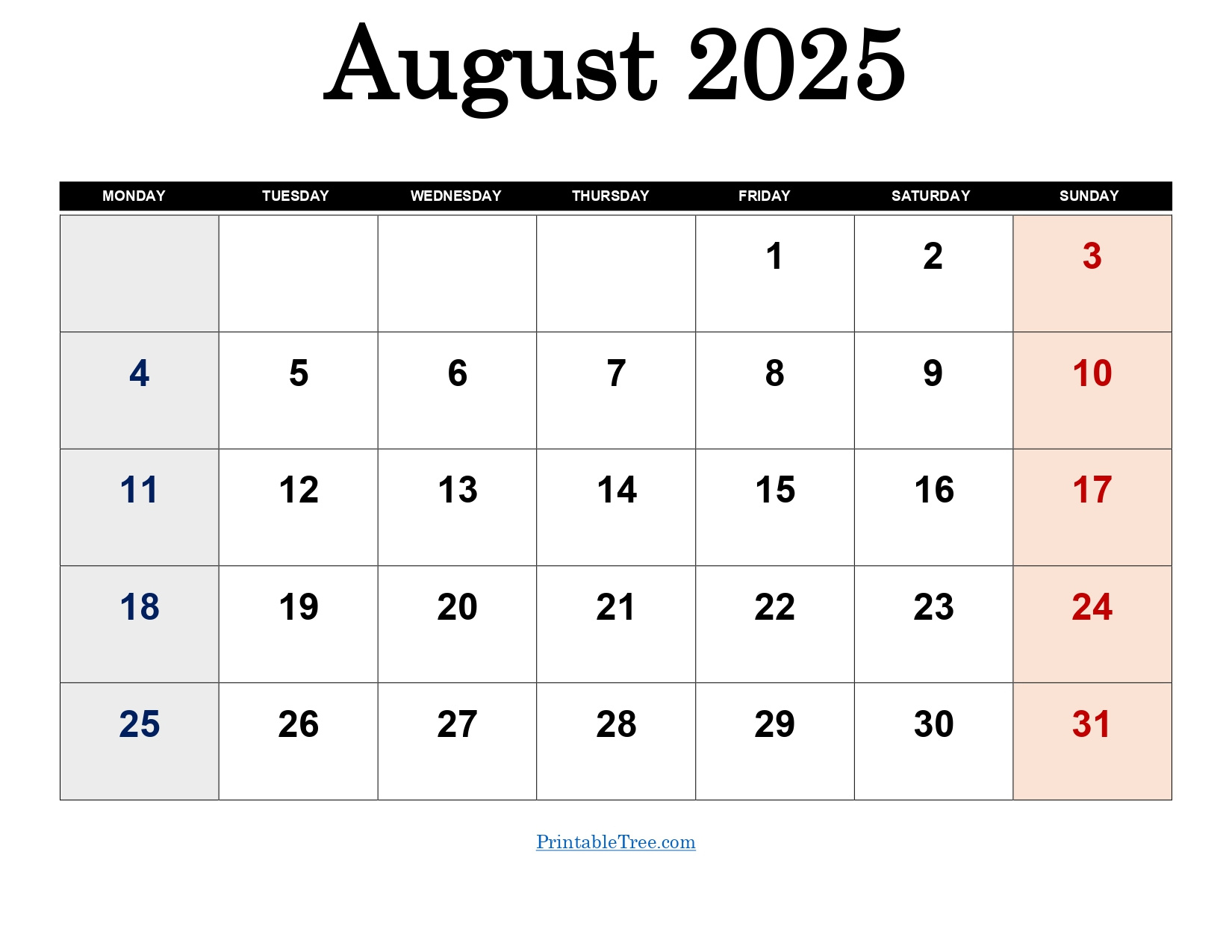August 2025 Calendar Printable Pdf Template With Holidays for August 2025 Calendar Monday Start