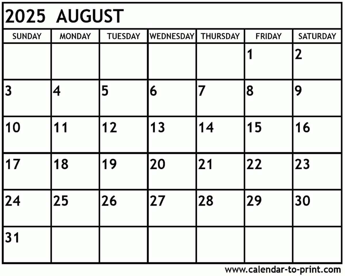 August 2025 Calendar Printable with Printable August 2025 Calendar Free
