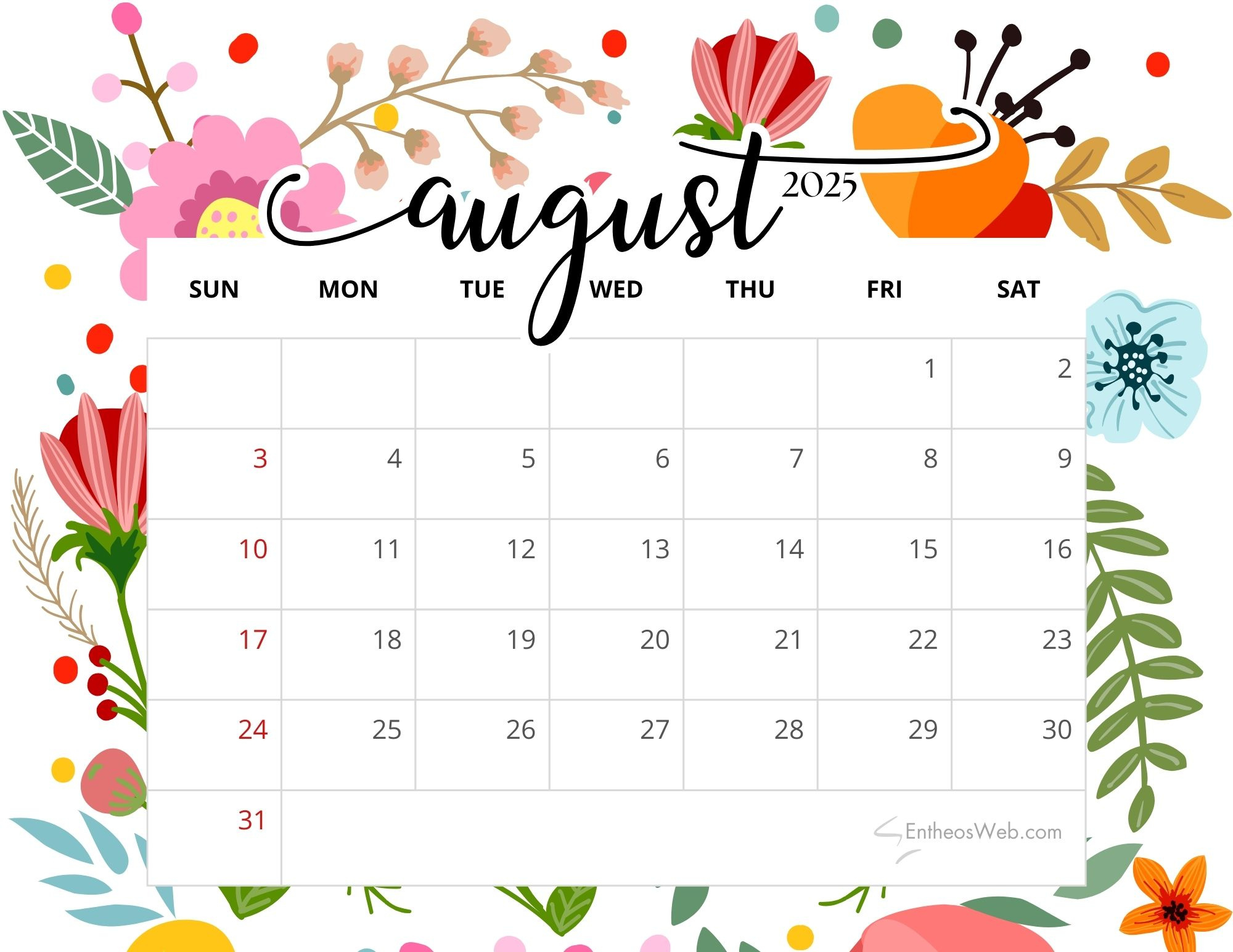 August 2025 Calendar Printables | Entheosweb regarding Printable August 2025 Calendar Free