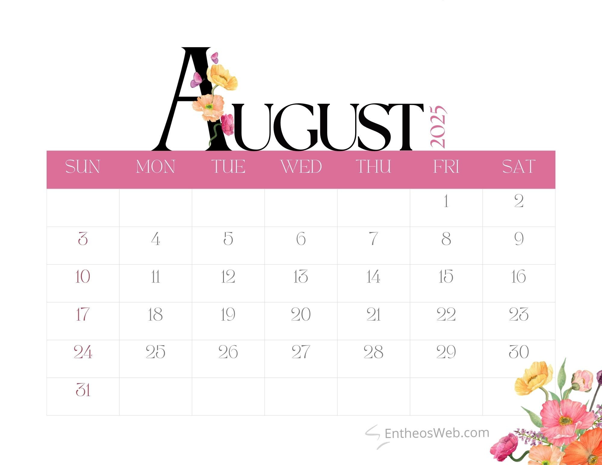 August 2025 Calendar Printables | Entheosweb throughout August 12 2025 Calendar