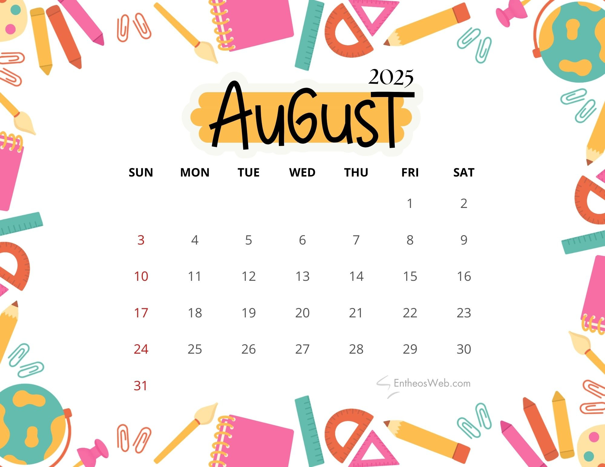 August 2025 Calendar Printables | Entheosweb with regard to August Calendar 2025 Cute
